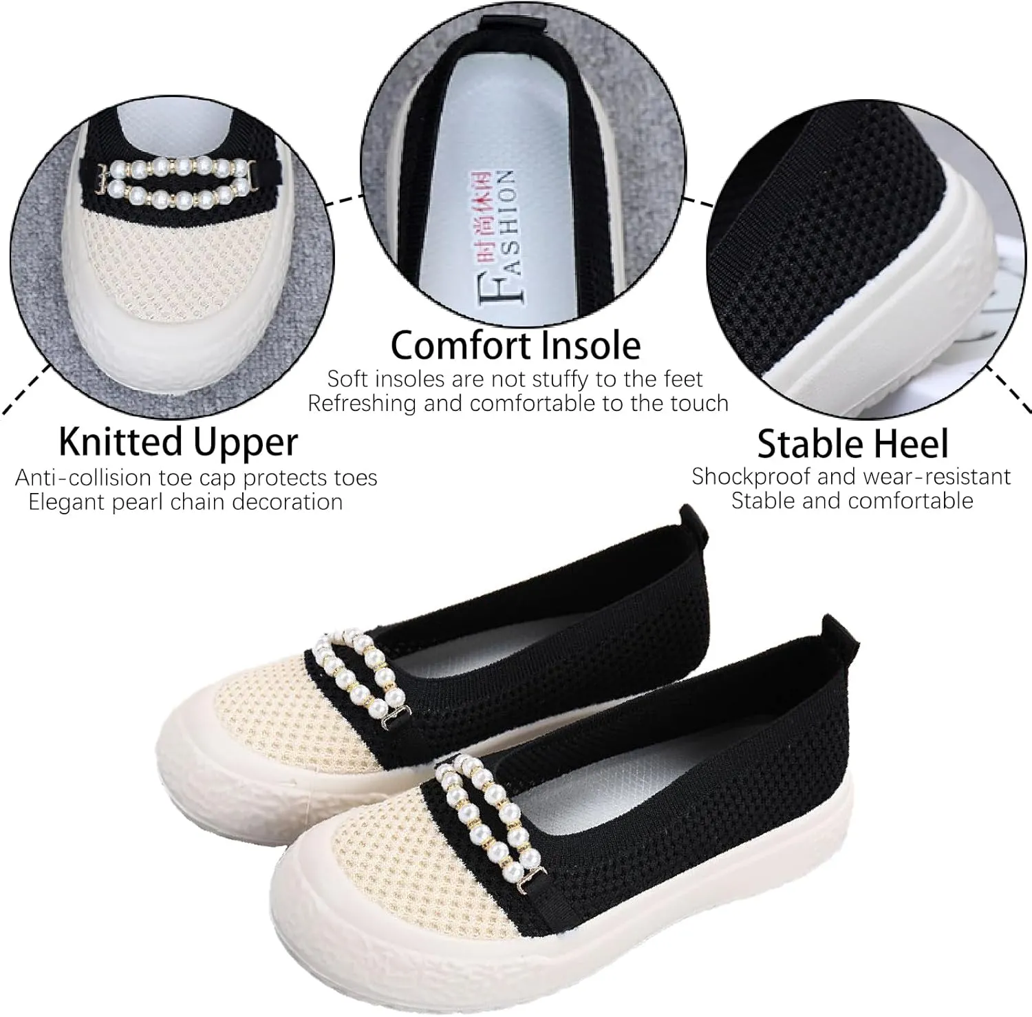 Women's Knit Pearl Platform Loafers Lightweight Comfortable Anti-Collision Round Toe Slip-On Soft Bottom Flat Shoes Casual Walking Mom Shoes