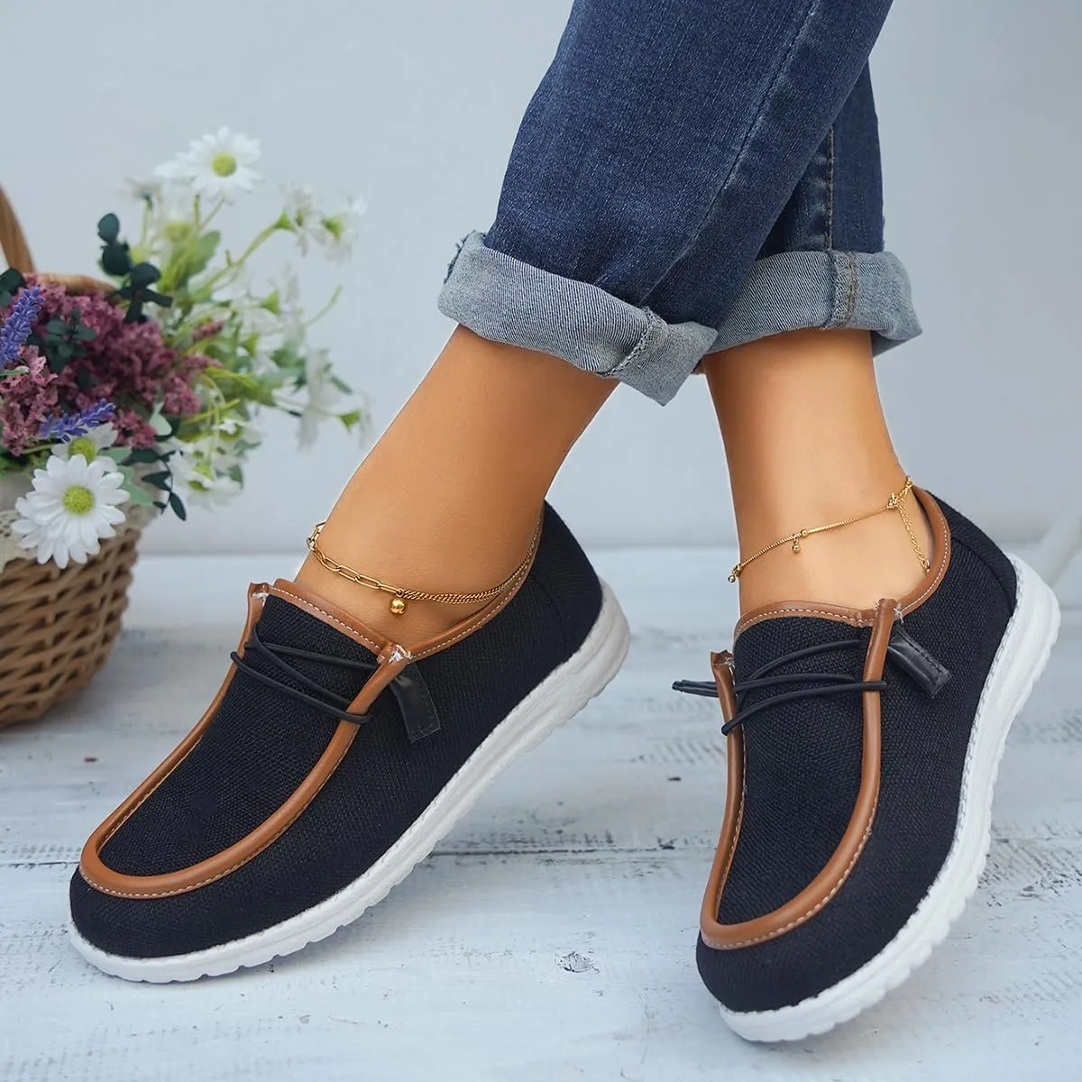 Womens Lace-Up Canvas Lightweight Boat Shoes Casual Comfortable Slip on Knit Loafers Outdoor Walking Low Top Wide Deck Shoes