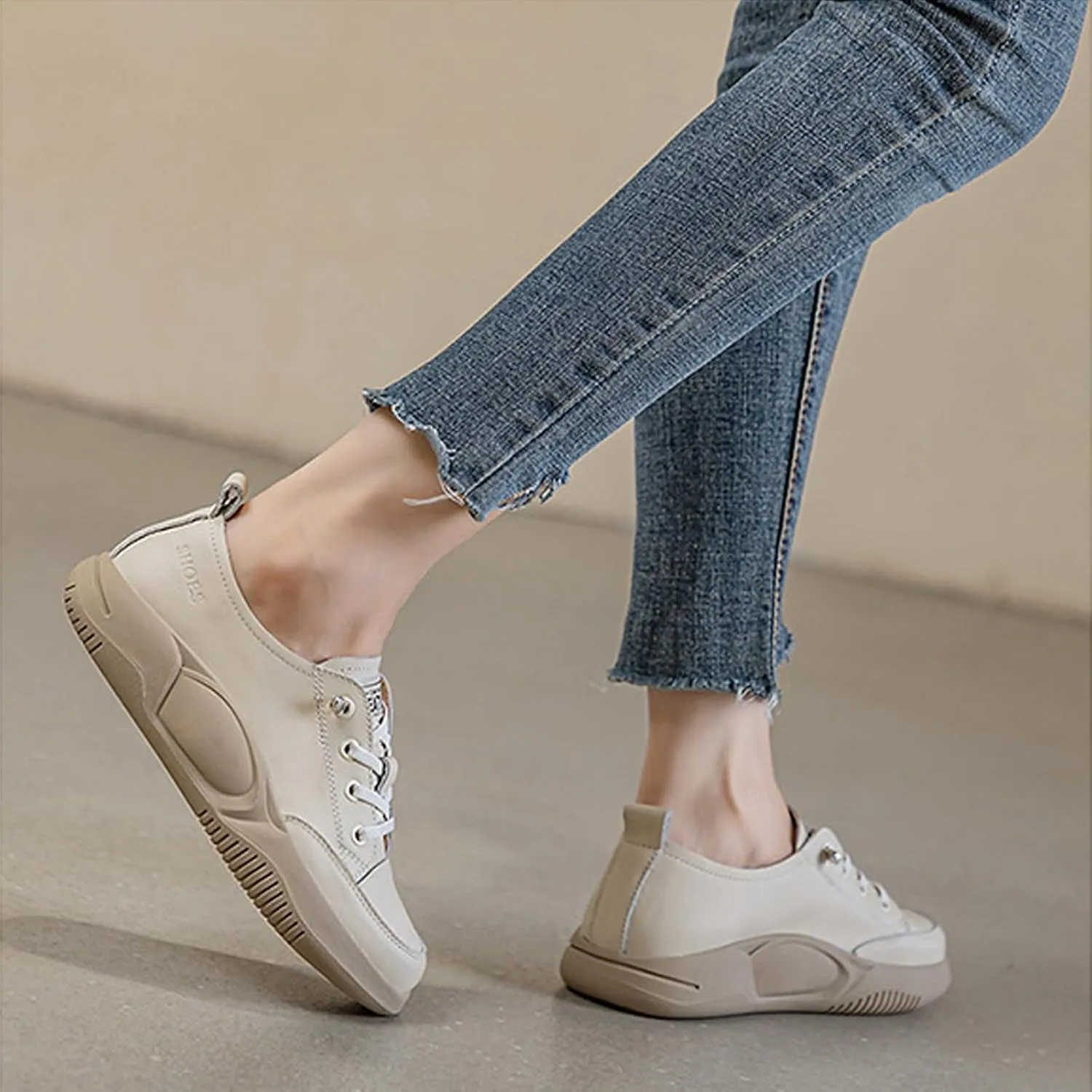 Women's Lace up Platform Increase Height Fashion Sneakers,Retro Low Top Comfort Lightweight Walking Shoes Anti-Slip Thick Soled Leather Running Sneakers