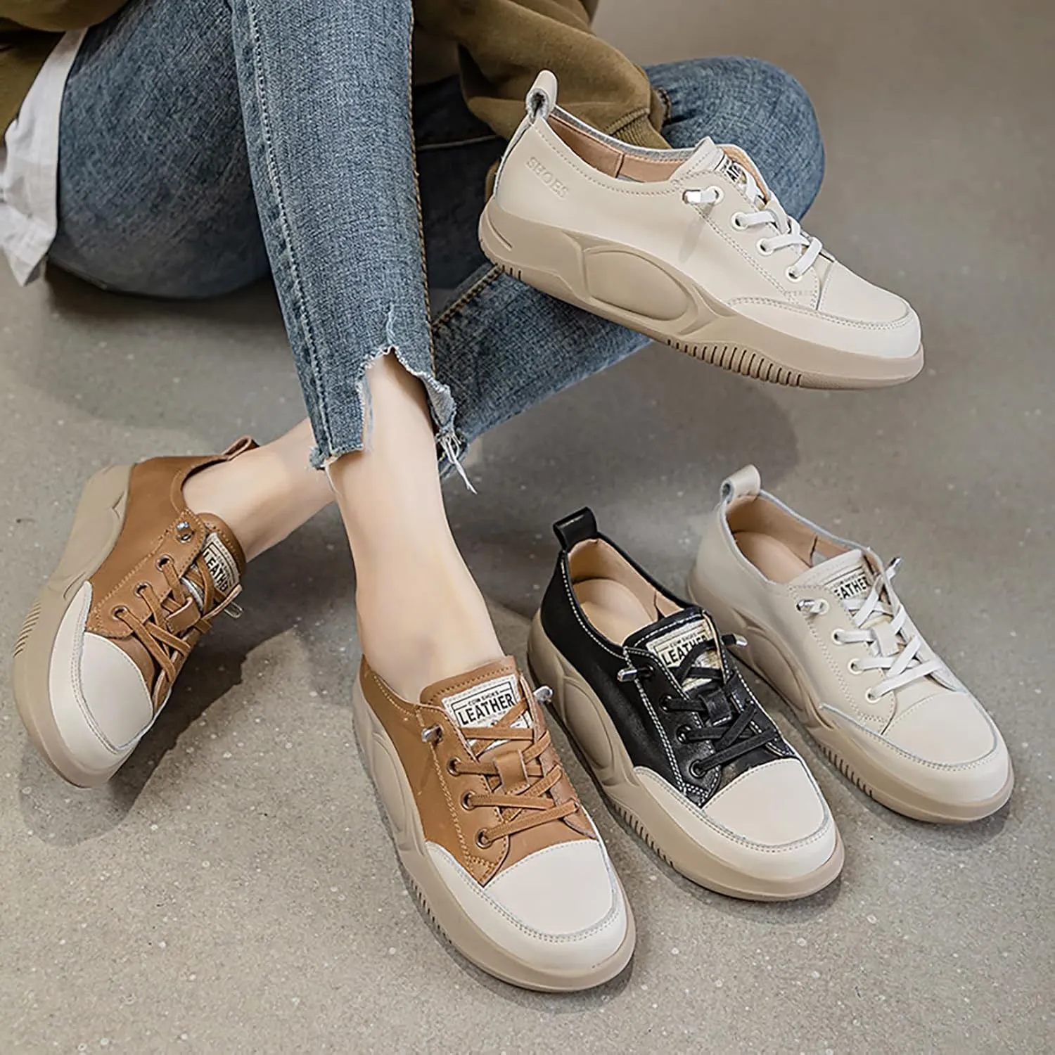 Women's Lace up Platform Increase Height Fashion Sneakers,Retro Low Top Comfort Lightweight Walking Shoes Anti-Slip Thick Soled Leather Running Sneakers