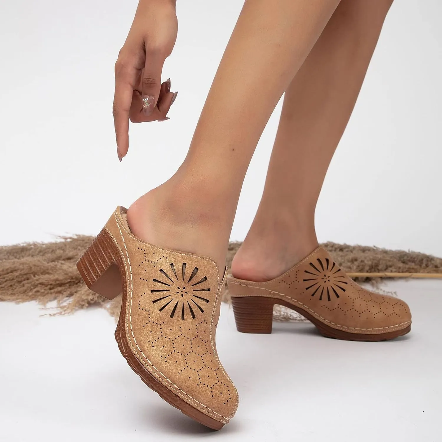 Women's Mules & Clogs Chunky Heel Spring Shoes Closed Toe Hollow Sandals Retro Slip On Slides Loafer Platform Mules