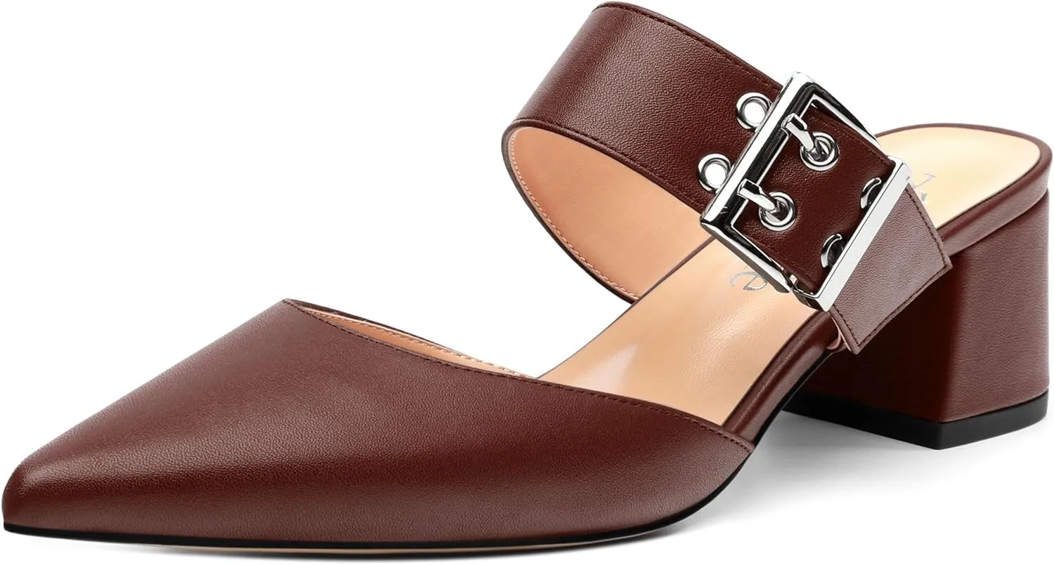 Women's Mules Buckle Adjustable Strap Pointed Toe Comfort Casual Matte Chunky Low Heel Pumps Slide Sandals 2 Inch