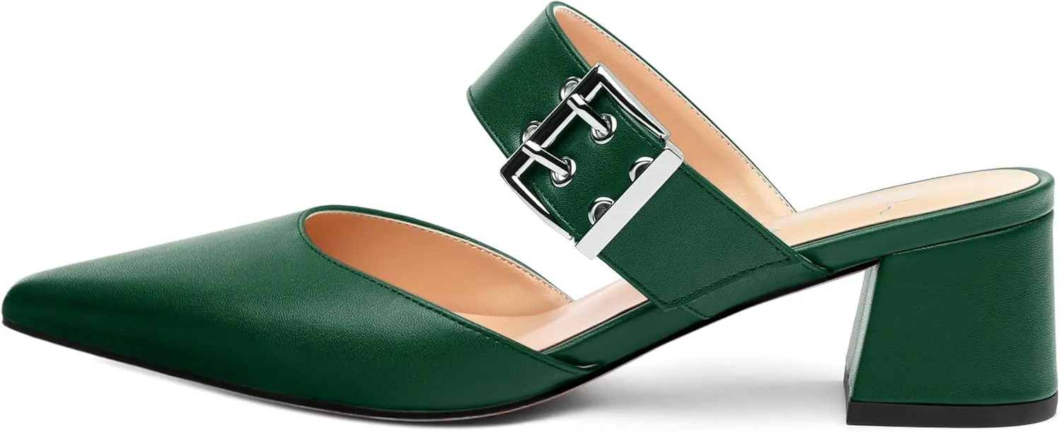 Women's Mules Buckle Adjustable Strap Pointed Toe Comfort Casual Matte Chunky Low Heel Pumps Slide Sandals 2 Inch