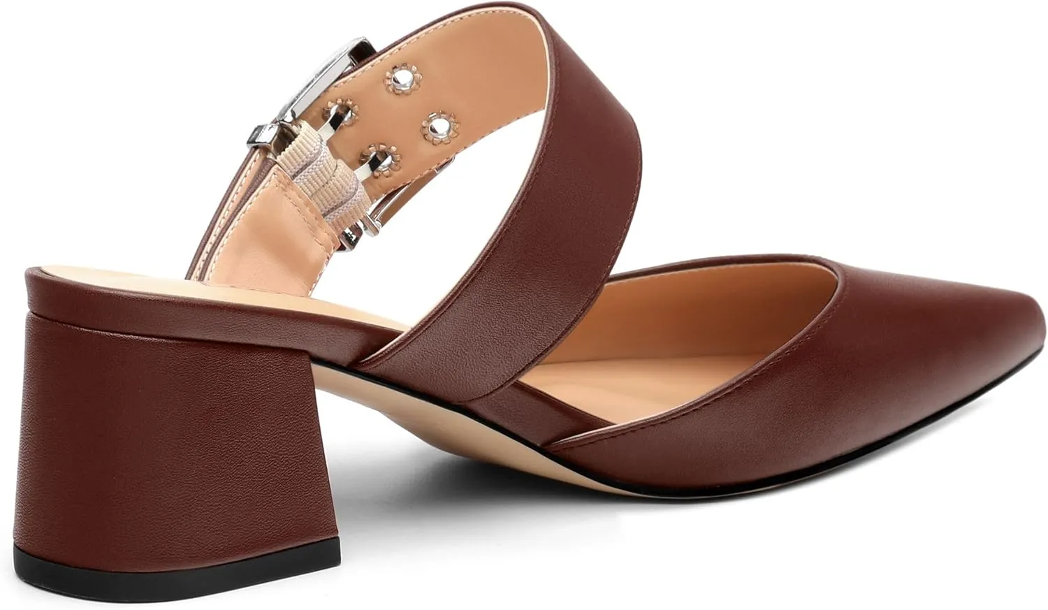 Women's Mules Buckle Adjustable Strap Pointed Toe Comfort Casual Matte Chunky Low Heel Pumps Slide Sandals 2 Inch