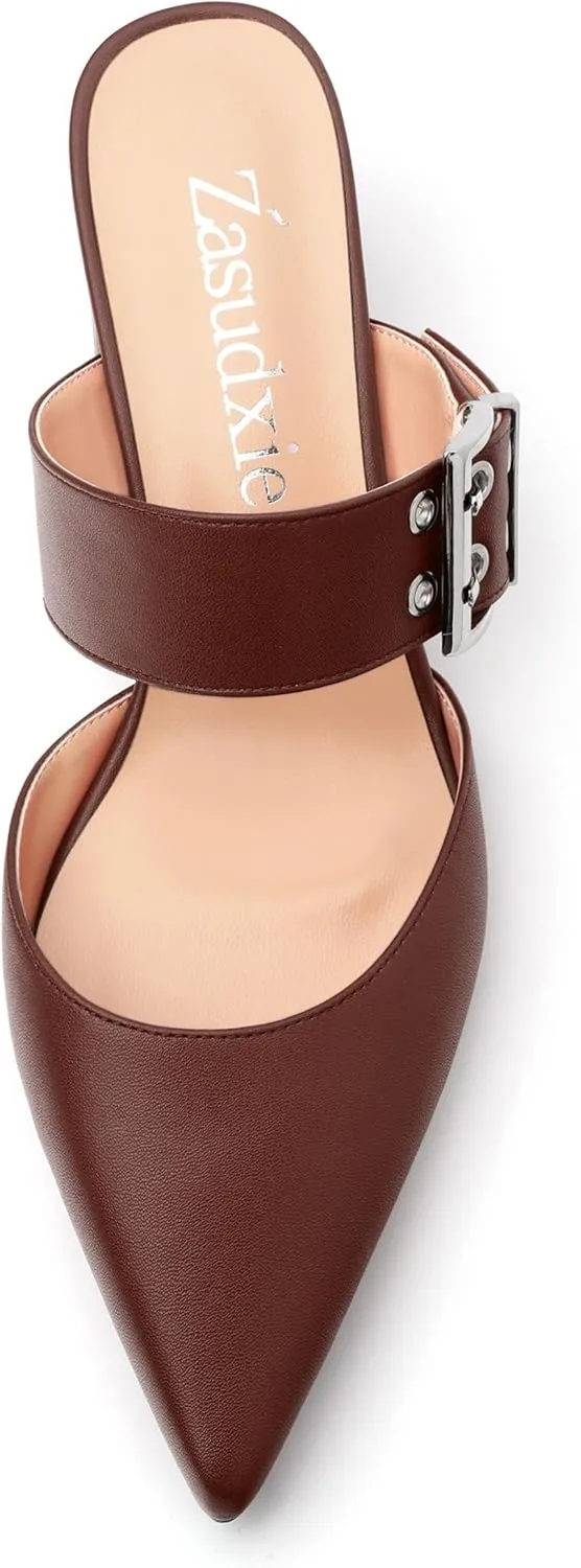 Women's Mules Buckle Adjustable Strap Pointed Toe Comfort Casual Matte Chunky Low Heel Pumps Slide Sandals 2 Inch