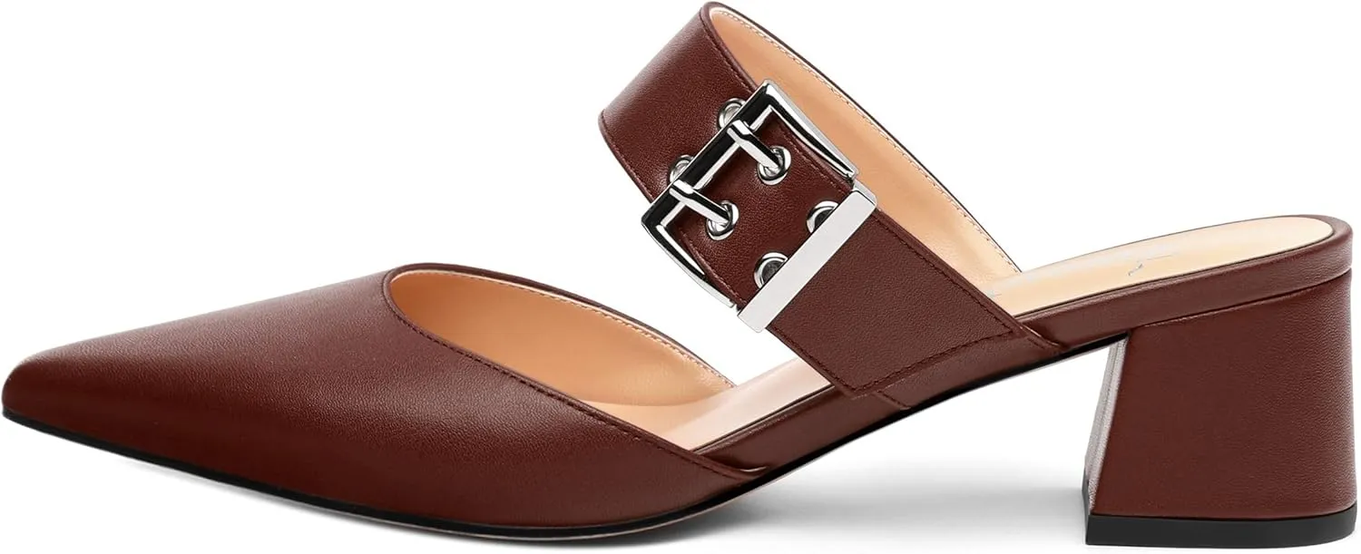 Women's Mules Buckle Adjustable Strap Pointed Toe Comfort Casual Matte Chunky Low Heel Pumps Slide Sandals 2 Inch