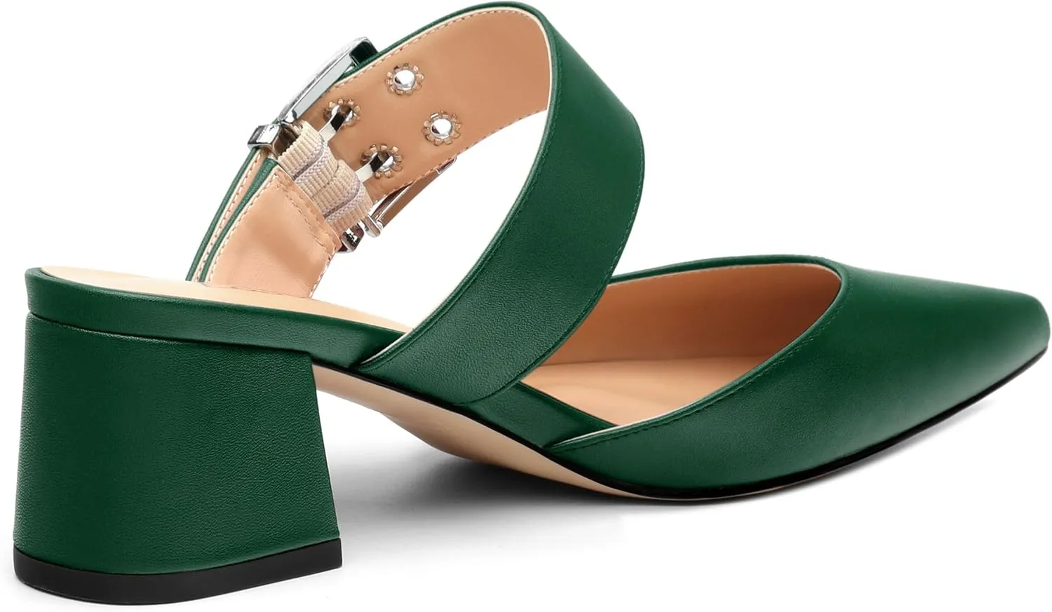 Women's Mules Buckle Adjustable Strap Pointed Toe Comfort Casual Matte Chunky Low Heel Pumps Slide Sandals 2 Inch