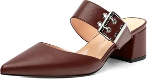 Women's Mules Buckle Adjustable Strap Pointed Toe Comfort Casual Matte Chunky Low Heel Pumps Slide Sandals 2 Inch