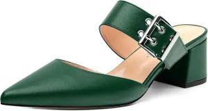 Women's Mules Buckle Adjustable Strap Pointed Toe Comfort Casual Matte Chunky Low Heel Pumps Slide Sandals 2 Inch