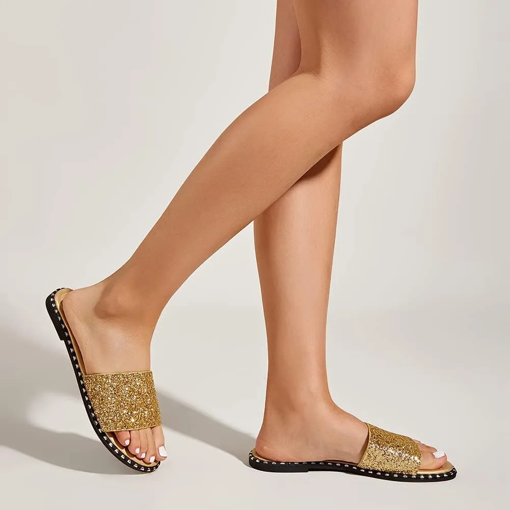 Women's Open Toe Flat Sandals Rhinestone Glitter On Casual Fashion Slippers Quick Drying Indoor & Outdoor Slides
