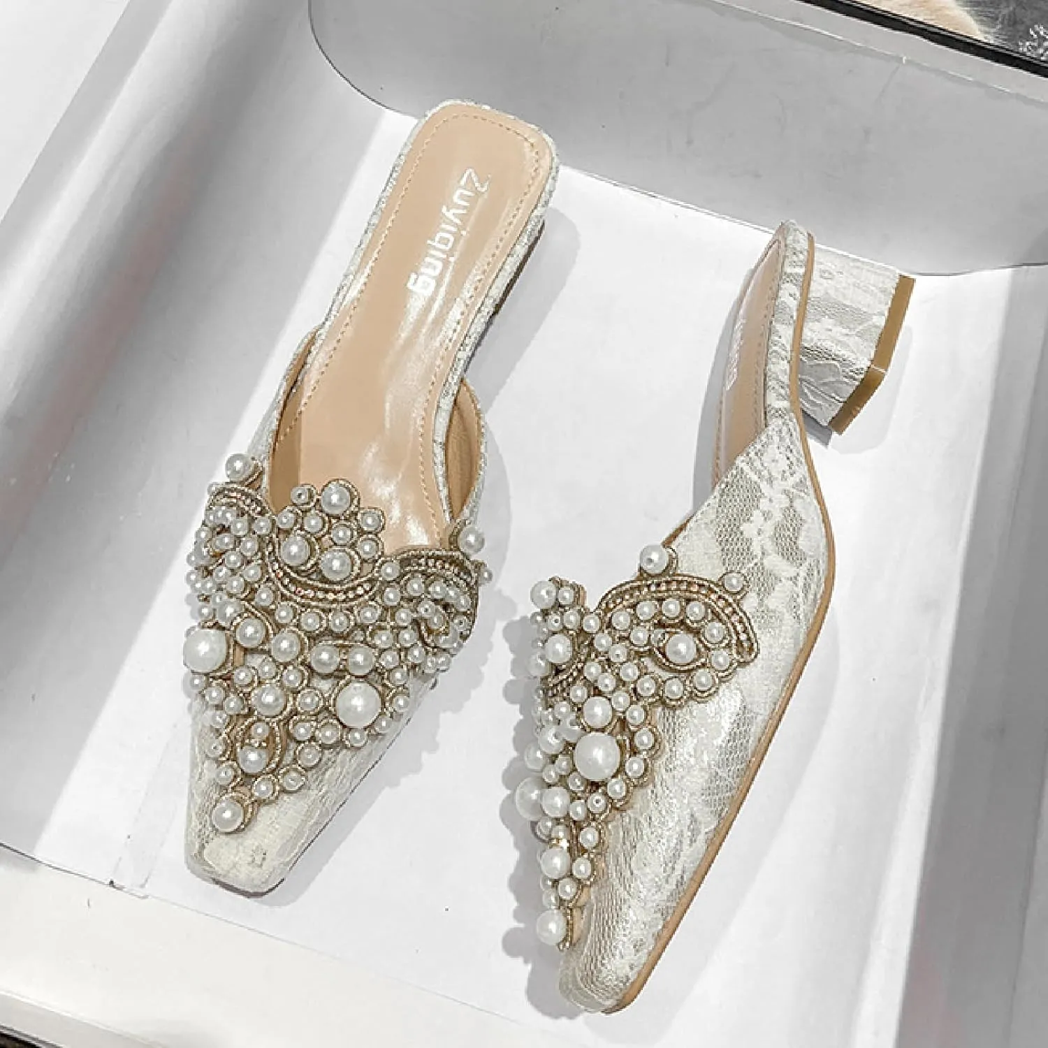 Women's Pearl Print Leather Low Heels Mules Fashion Comfortable Closed Pointed Toe Slip on Block Heel Backless Pumps for Party Prom Date Wedding Dress Slides