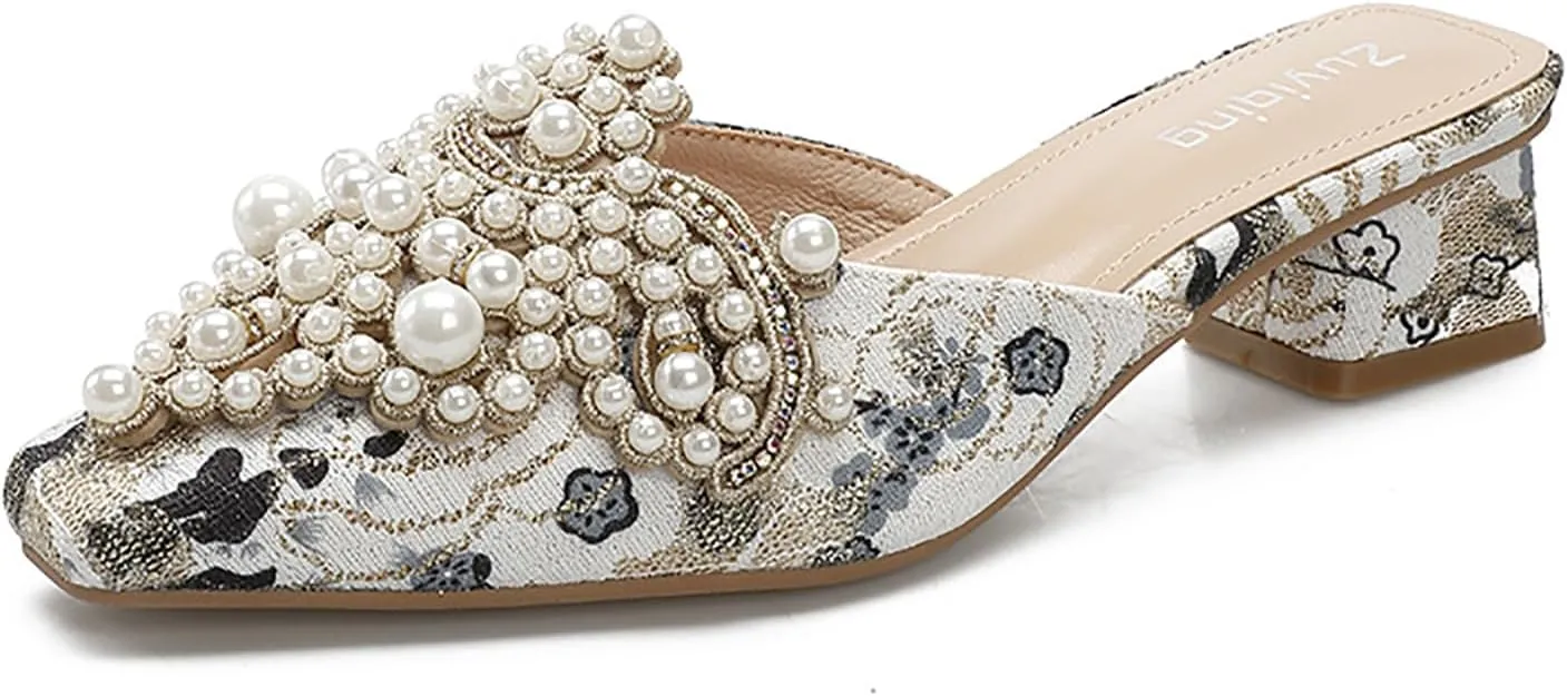 Women's Pearl Print Leather Low Heels Mules Fashion Comfortable Closed Pointed Toe Slip on Block Heel Backless Pumps for Party Prom Date Wedding Dress Slides