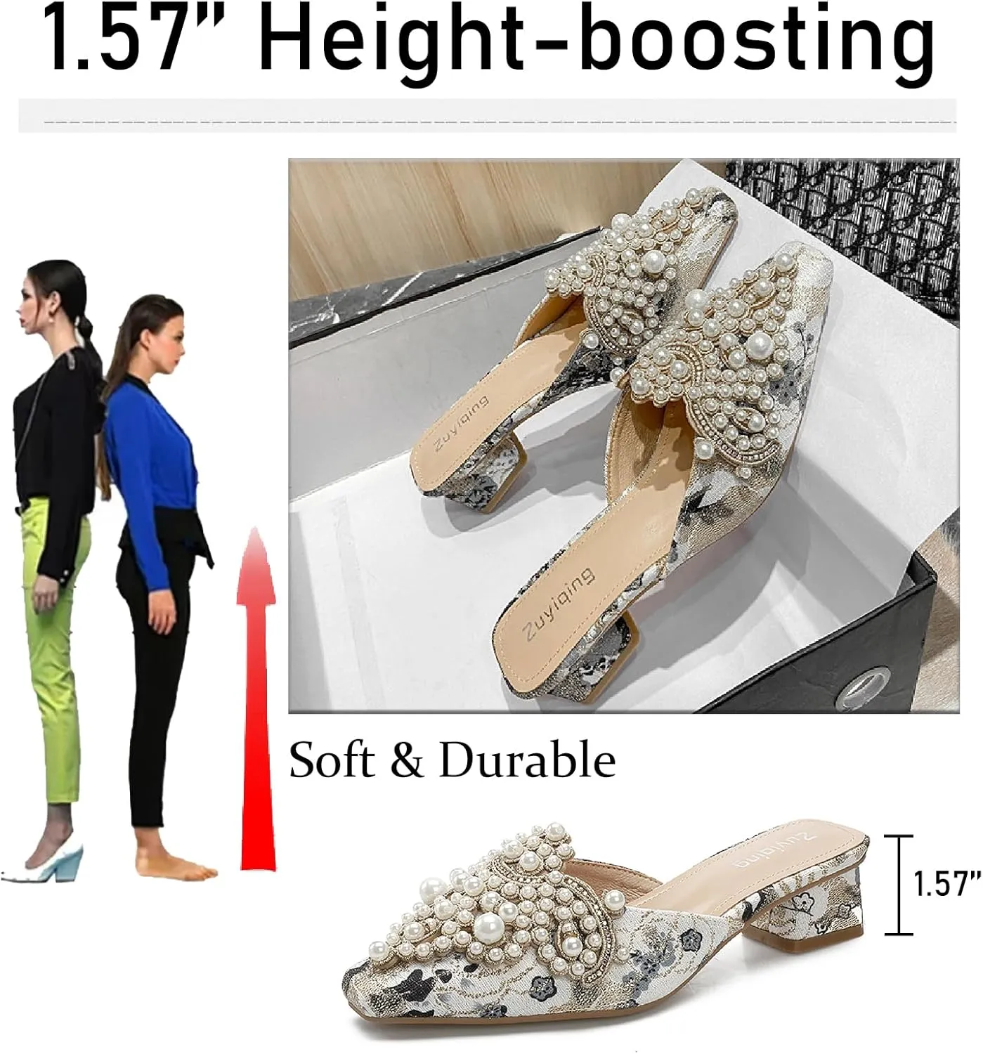 Women's Pearl Print Leather Low Heels Mules Fashion Comfortable Closed Pointed Toe Slip on Block Heel Backless Pumps for Party Prom Date Wedding Dress Slides