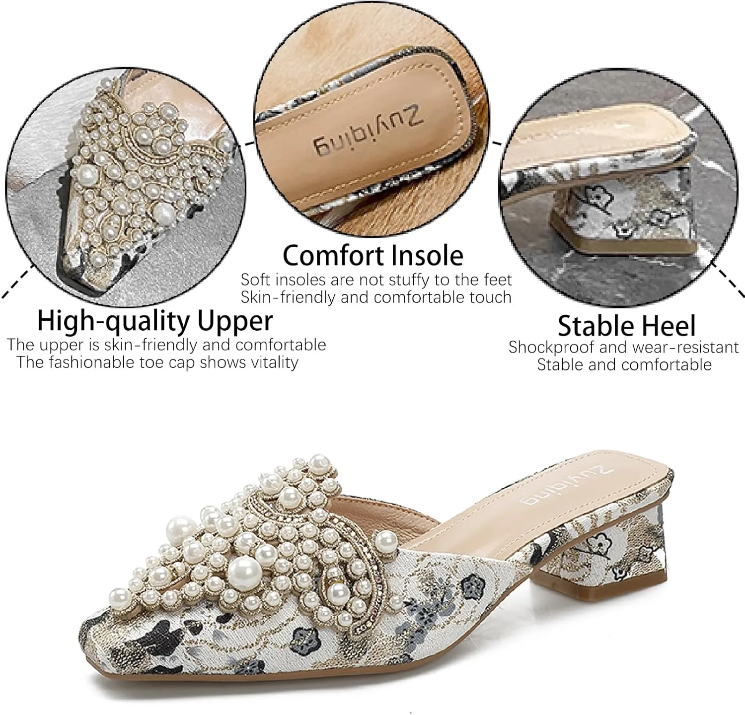 Women's Pearl Print Leather Low Heels Mules Fashion Comfortable Closed Pointed Toe Slip on Block Heel Backless Pumps for Party Prom Date Wedding Dress Slides