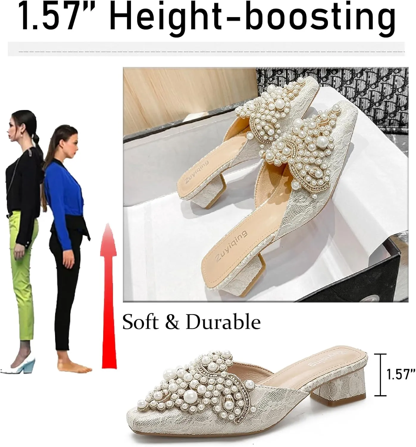 Women's Pearl Print Leather Low Heels Mules Fashion Comfortable Closed Pointed Toe Slip on Block Heel Backless Pumps for Party Prom Date Wedding Dress Slides