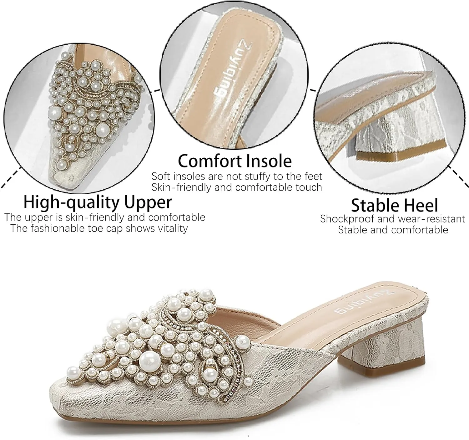 Women's Pearl Print Leather Low Heels Mules Fashion Comfortable Closed Pointed Toe Slip on Block Heel Backless Pumps for Party Prom Date Wedding Dress Slides