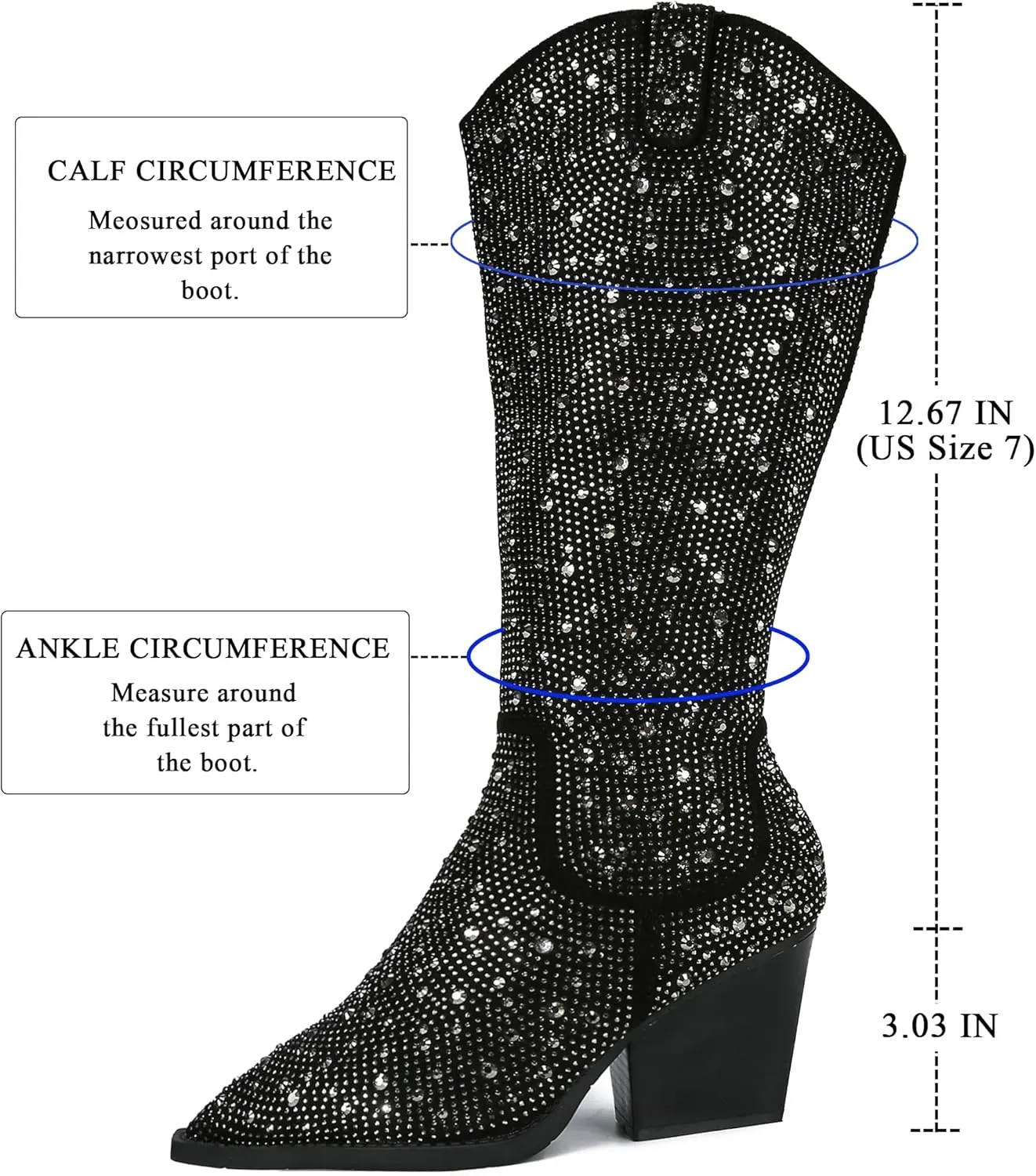 Women's Rhinestone Knee High Boots Western Cowgirl Boots Cowboy Boots Chunky Heel Pointed Toe Sparkly Mid Calf Boots