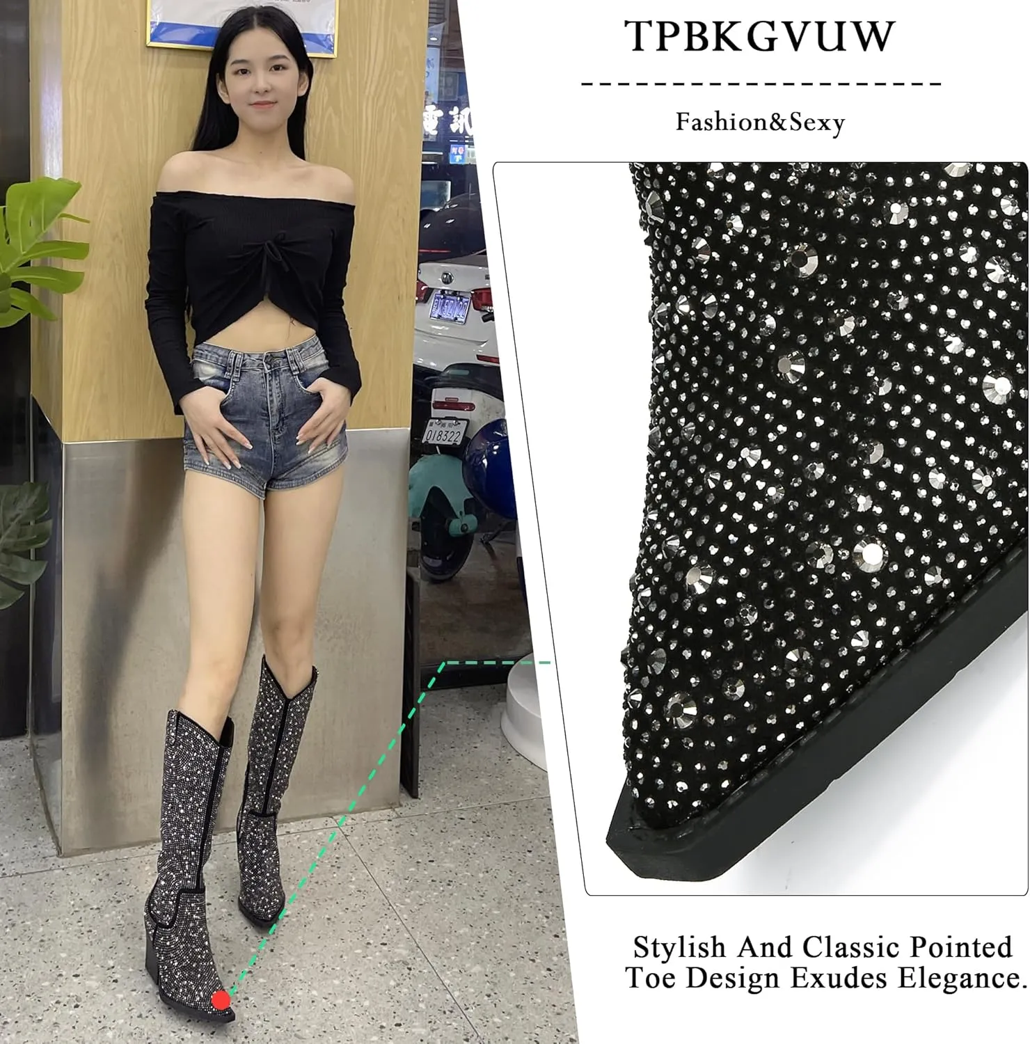 Women's Rhinestone Knee High Boots Western Cowgirl Boots Cowboy Boots Chunky Heel Pointed Toe Sparkly Mid Calf Boots