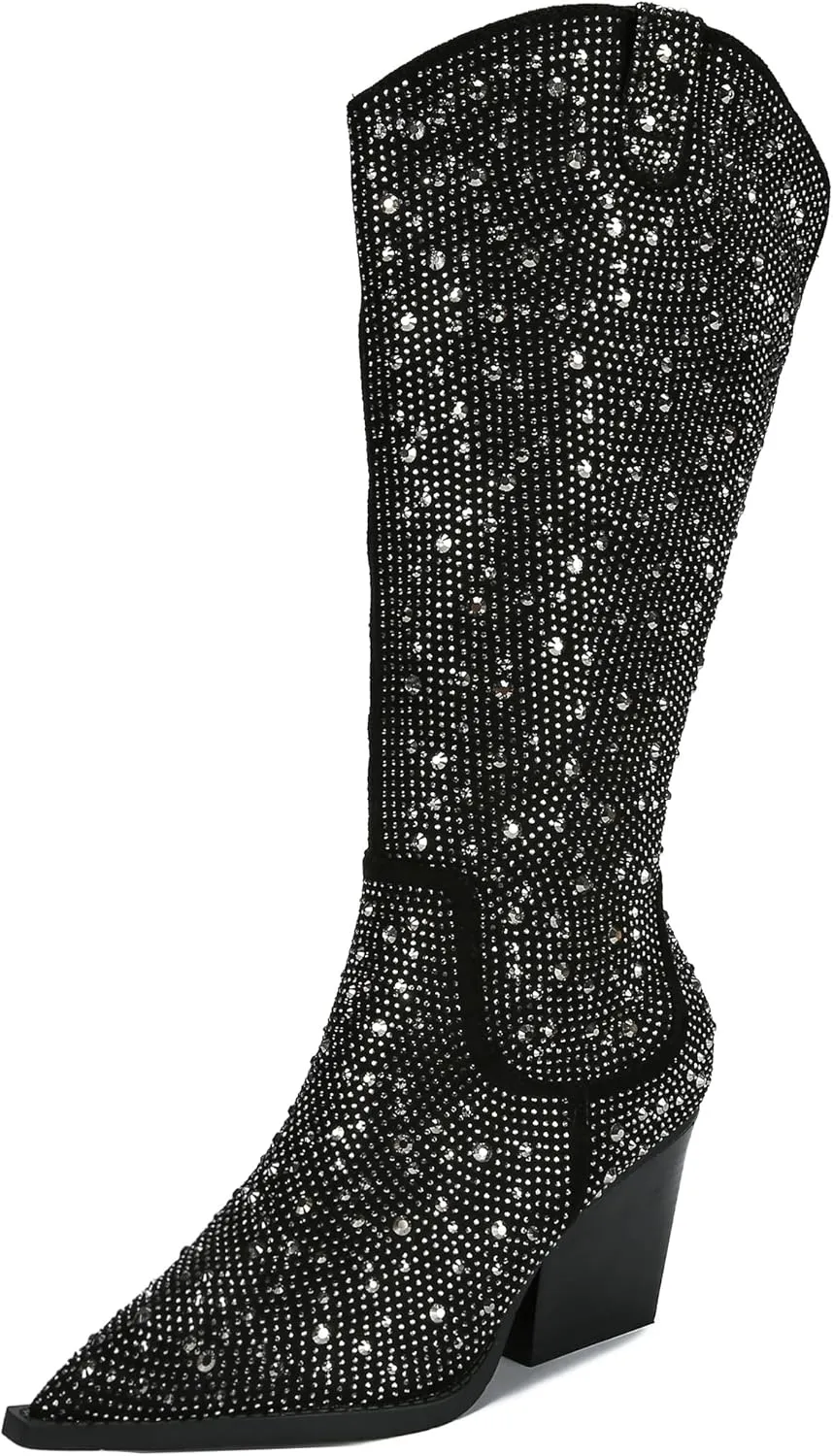 Women's Rhinestone Knee High Boots Western Cowgirl Boots Cowboy Boots Chunky Heel Pointed Toe Sparkly Mid Calf Boots