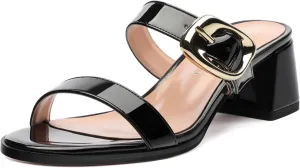 Womens Sandals, Open Round Toe Low Chunky Heels, Fashion Buckle Slip On Solid Patent Sandals