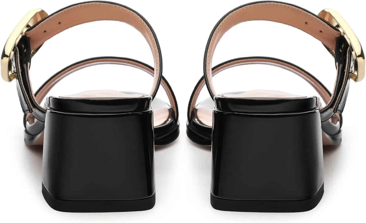 Womens Sandals, Open Round Toe Low Chunky Heels, Fashion Buckle Slip On Solid Patent Sandals