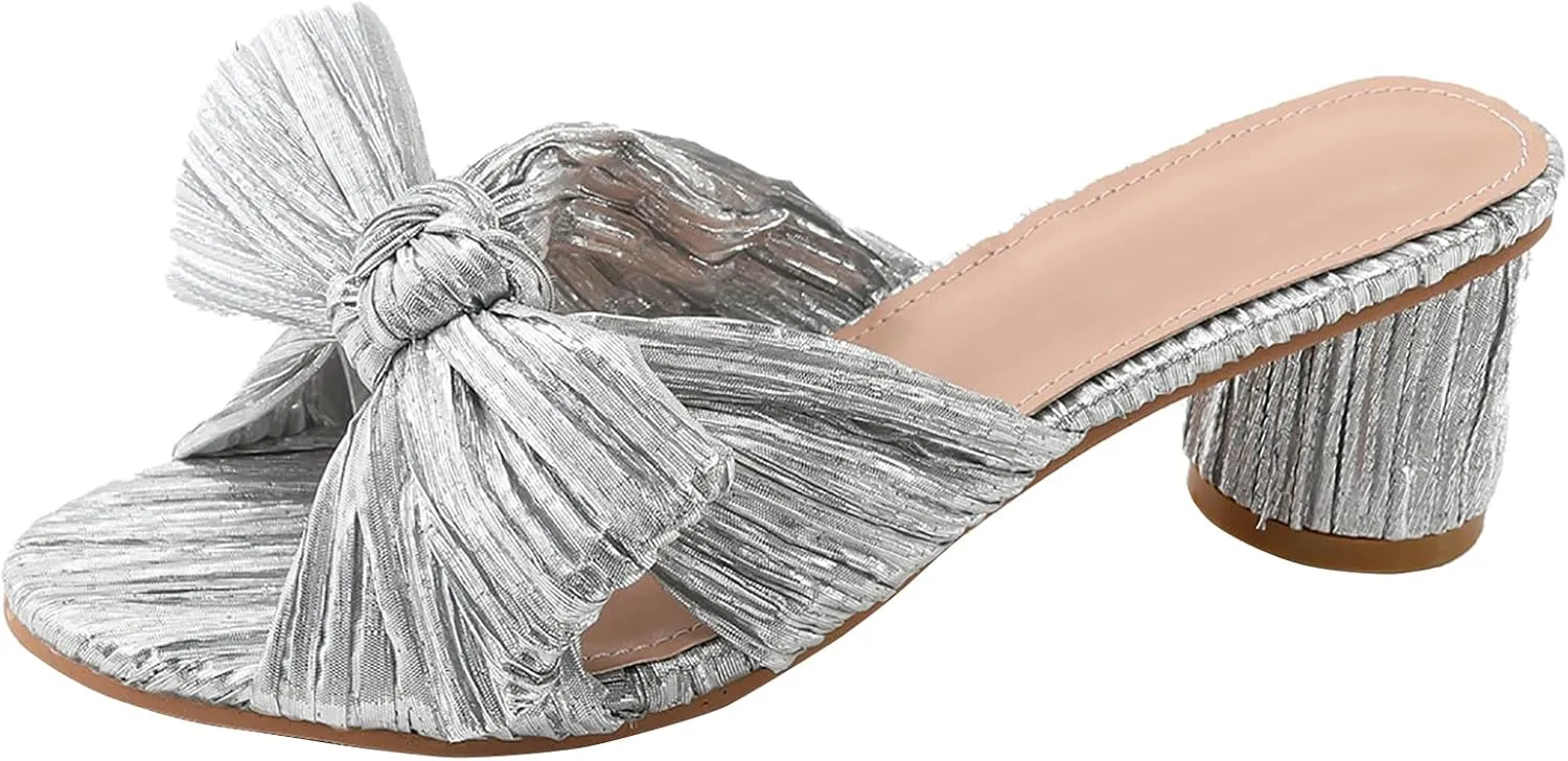 Women's Satin Kitten Heels Mules Sandals Slip On Bowknot Open Toe Backless Dress Low Heeled Slipper Slides