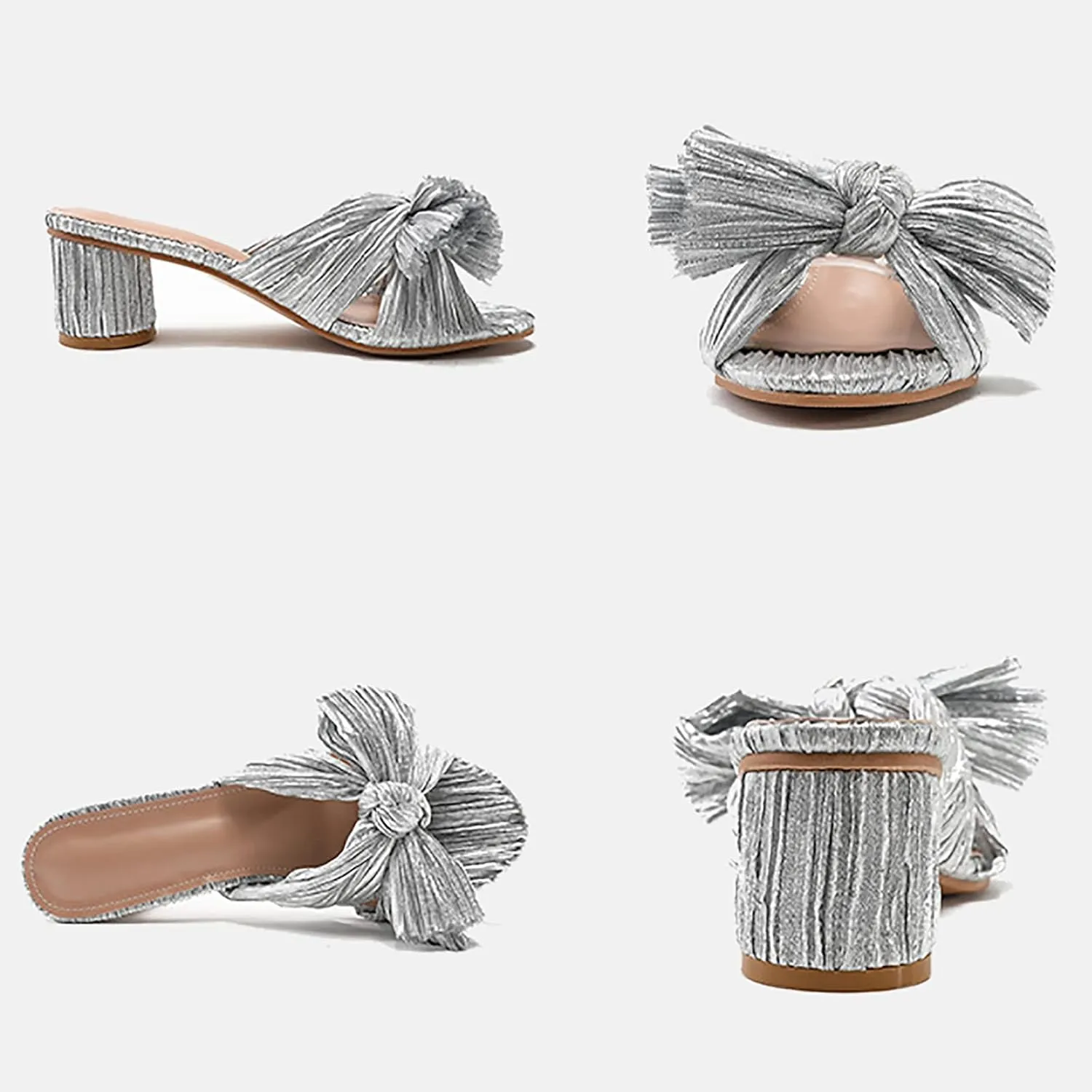 Women's Satin Kitten Heels Mules Sandals Slip On Bowknot Open Toe Backless Dress Low Heeled Slipper Slides