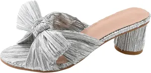 Women's Satin Kitten Heels Mules Sandals Slip On Bowknot Open Toe Backless Dress Low Heeled Slipper Slides