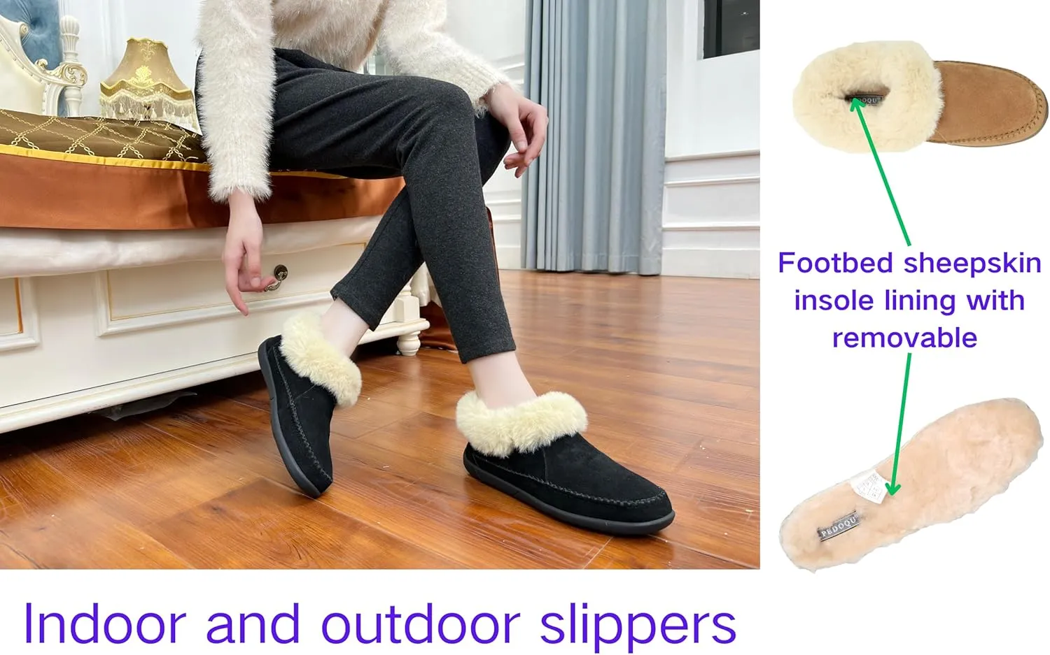 Women's Slippers Genuine Suede Memory Foam Winter House Fluffy Slippers with Faux Fur Collar and Sheepskin Insole Indoor and Outdoor Warm Shoes Rubber Sole