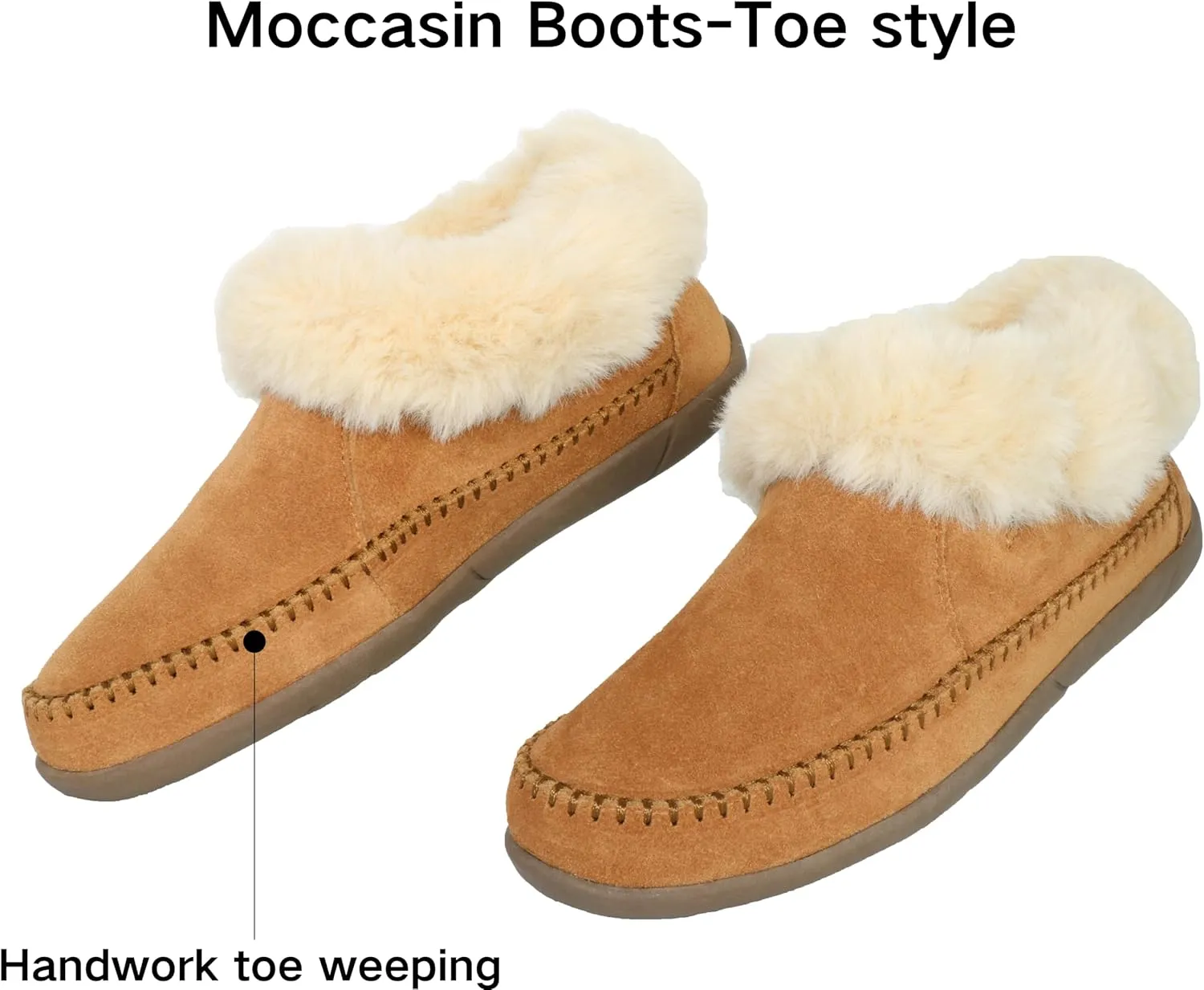 Women's Slippers Genuine Suede Memory Foam Winter House Fluffy Slippers with Faux Fur Collar and Sheepskin Insole Indoor and Outdoor Warm Shoes Rubber Sole