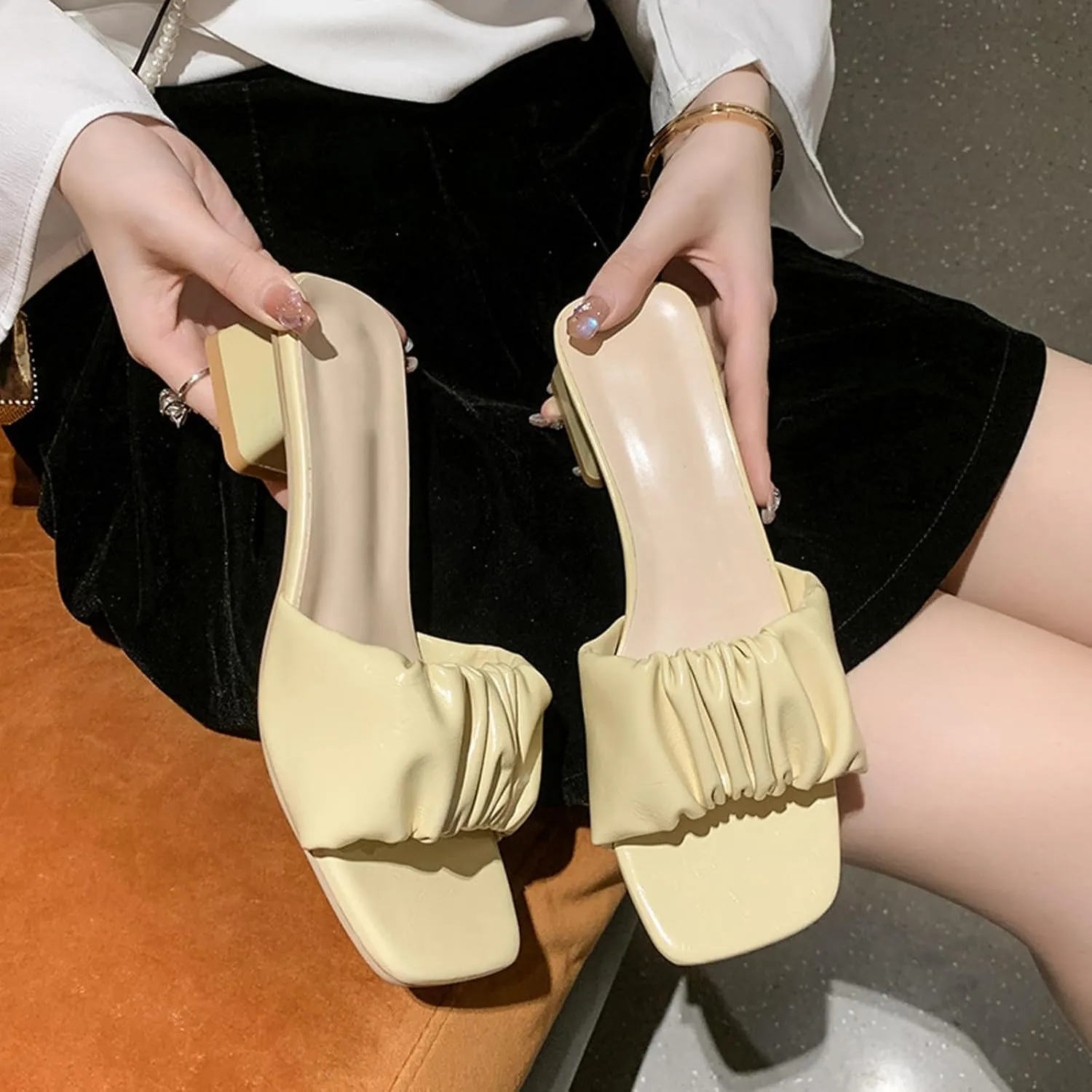 Women's Square Open Toe Low Chunky Heel Mule Sandals,Fashion Pleated Design Slip-on Block Heel Slides Sandals Lightweight Comfort Dress Sandals