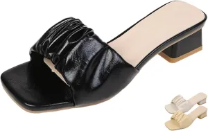 Women's Square Open Toe Low Chunky Heel Mule Sandals,Fashion Pleated Design Slip-on Block Heel Slides Sandals Lightweight Comfort Dress Sandals