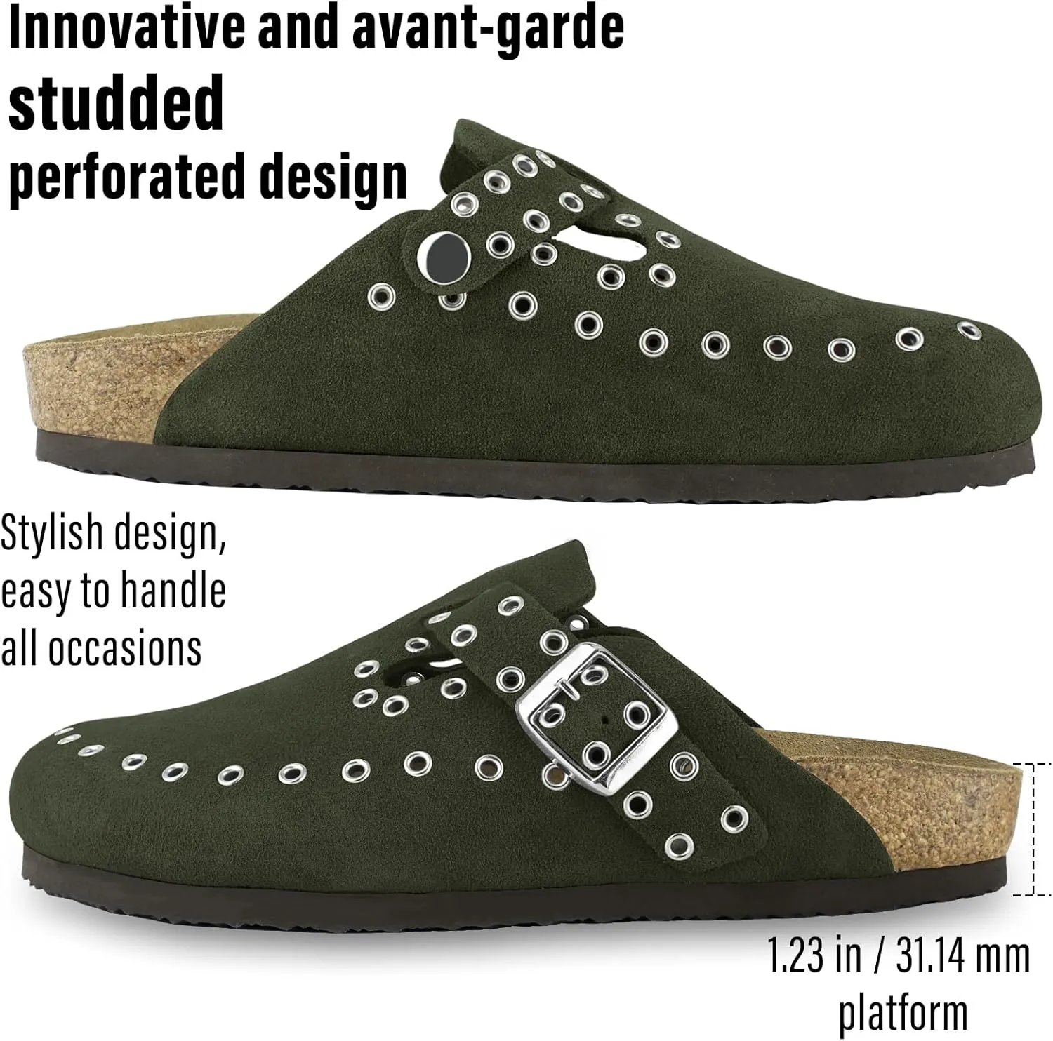 Women's Suede Clogs Leather Mules Cork Footbed Rivet Potato Shoes with Arch Support Men's Comfort Slip-On Clogs
