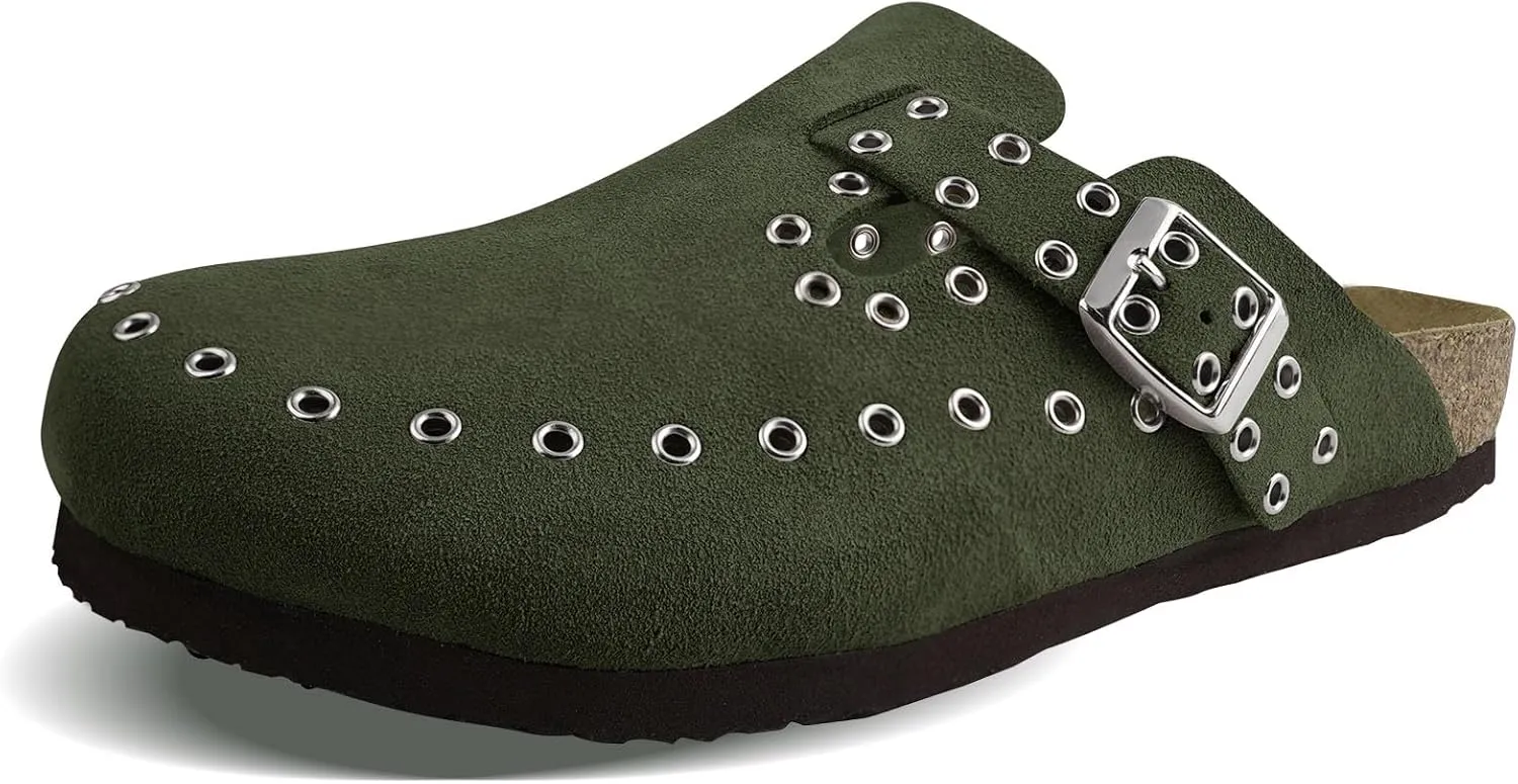 Women's Suede Clogs Leather Mules Cork Footbed Rivet Potato Shoes with Arch Support Men's Comfort Slip-On Clogs