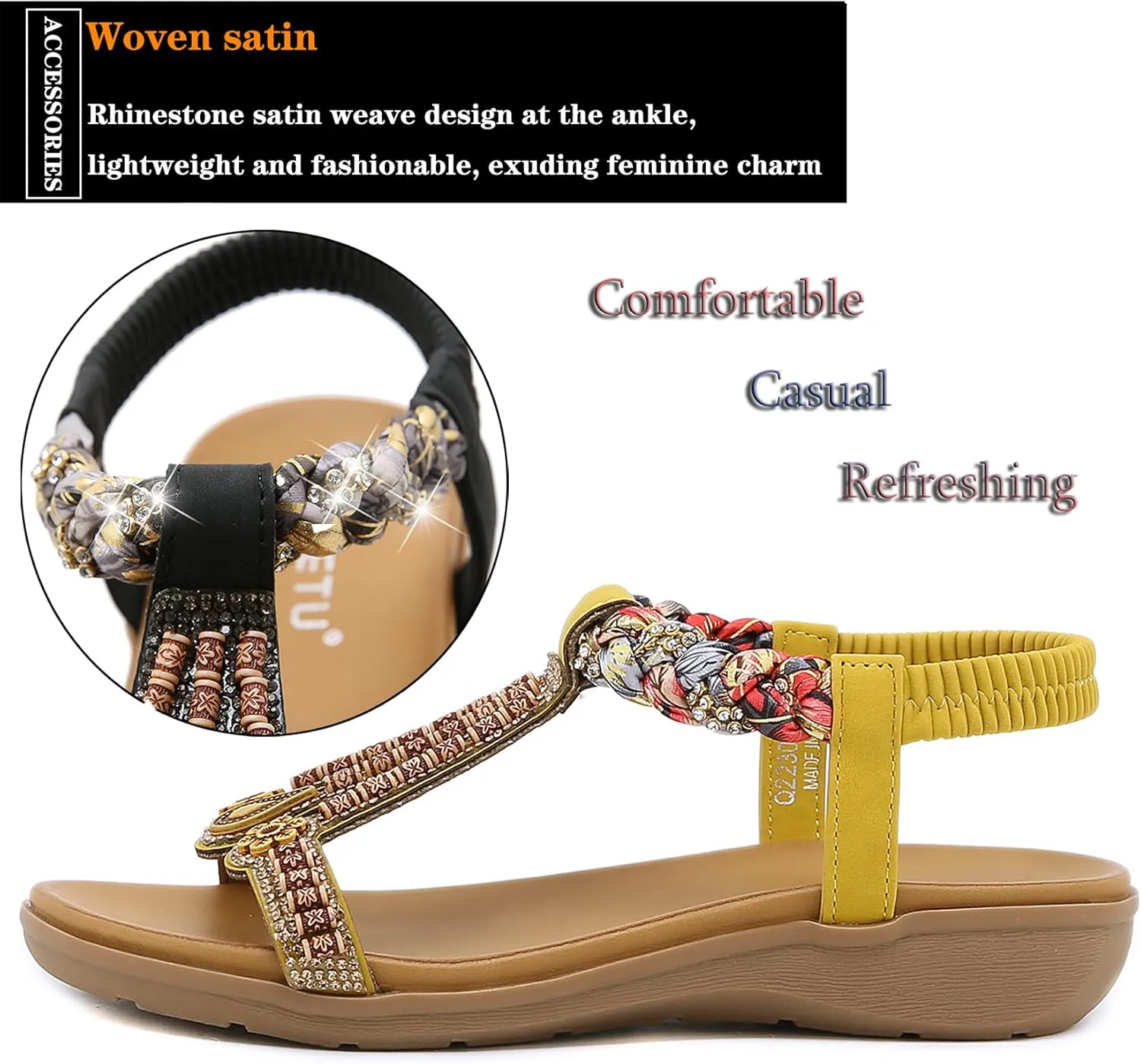 Womens T-Strap Sandals Bohemian Beaded Flat Sandals Ladies Comfortable Open Toe Elastic Ankle Strap Sandals Dress Summer Beach Shoes