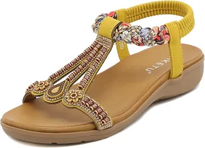 Womens T-Strap Sandals Bohemian Beaded Flat Sandals Ladies Comfortable Open Toe Elastic Ankle Strap Sandals Dress Summer Beach Shoes