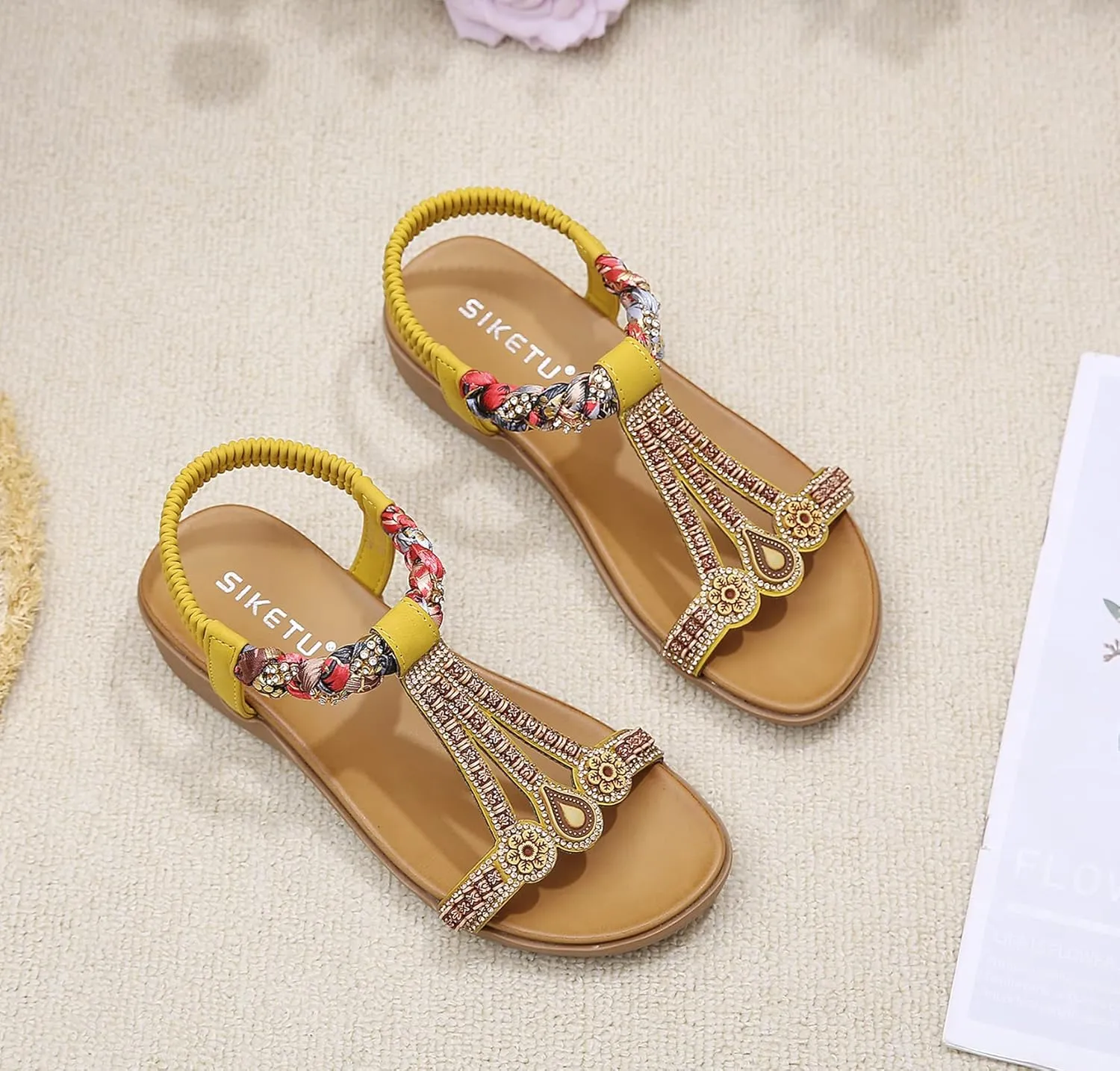 Womens T-Strap Sandals Bohemian Beaded Flat Sandals Ladies Comfortable Open Toe Elastic Ankle Strap Sandals Dress Summer Beach Shoes