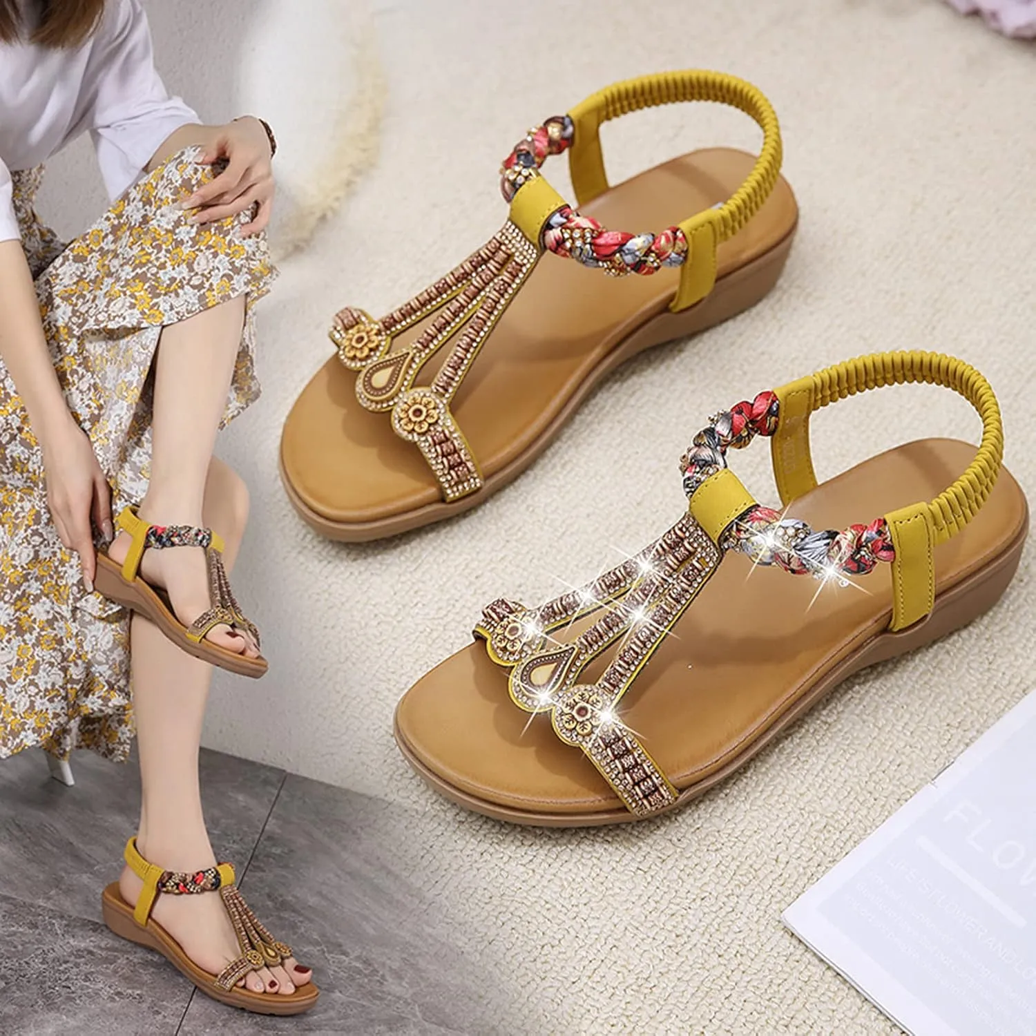 Womens T-Strap Sandals Bohemian Beaded Flat Sandals Ladies Comfortable Open Toe Elastic Ankle Strap Sandals Dress Summer Beach Shoes