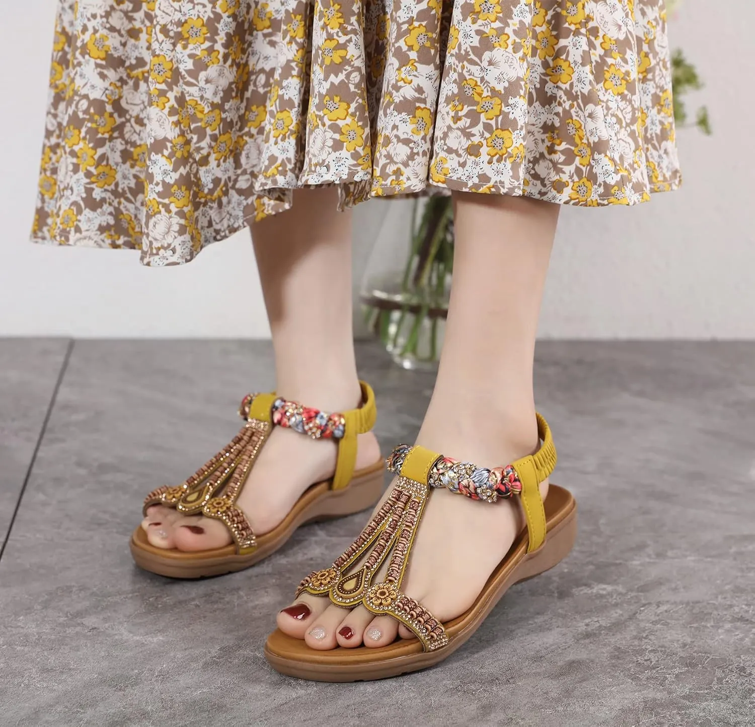 Womens T-Strap Sandals Bohemian Beaded Flat Sandals Ladies Comfortable Open Toe Elastic Ankle Strap Sandals Dress Summer Beach Shoes