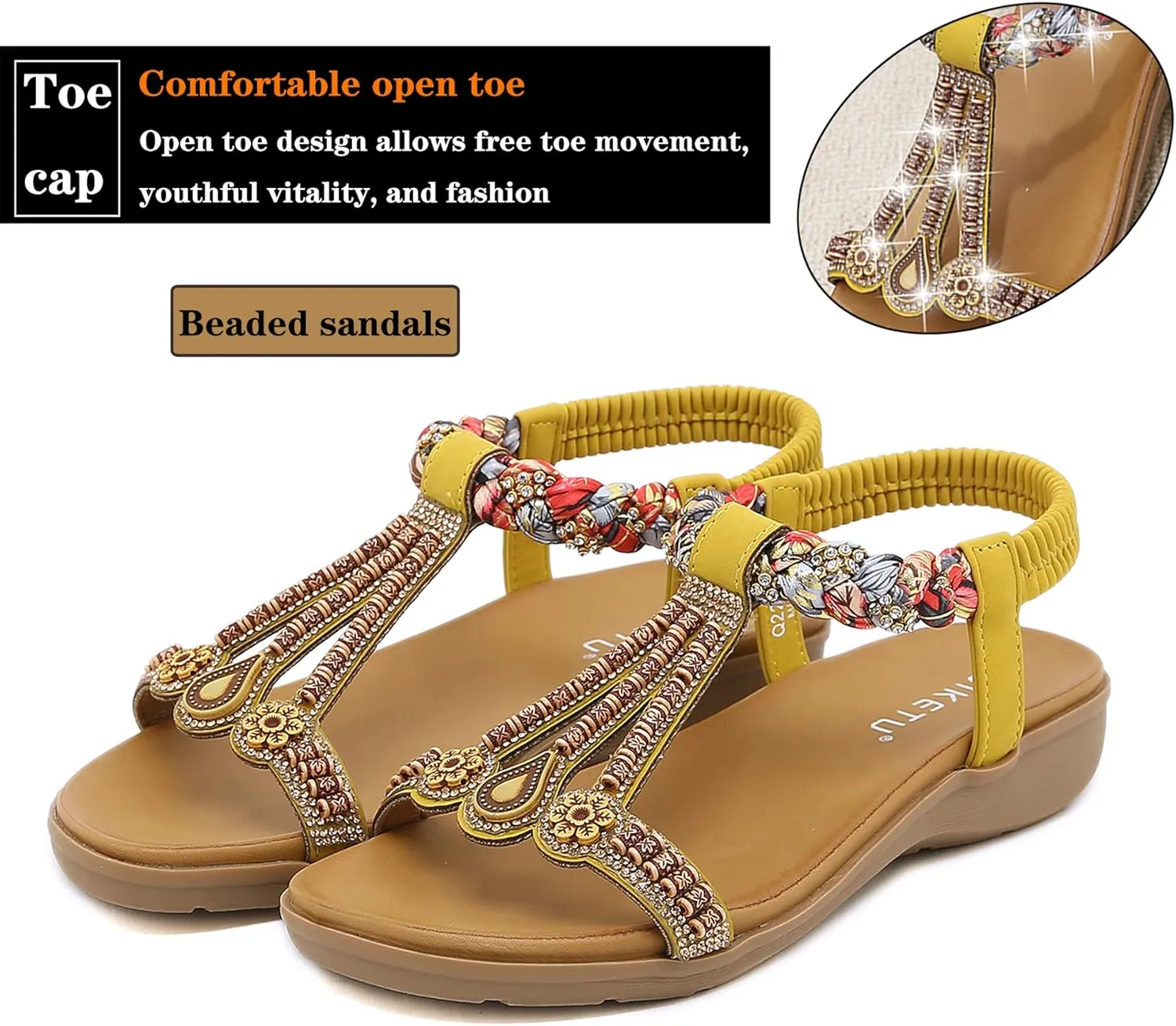 Womens T-Strap Sandals Bohemian Beaded Flat Sandals Ladies Comfortable Open Toe Elastic Ankle Strap Sandals Dress Summer Beach Shoes
