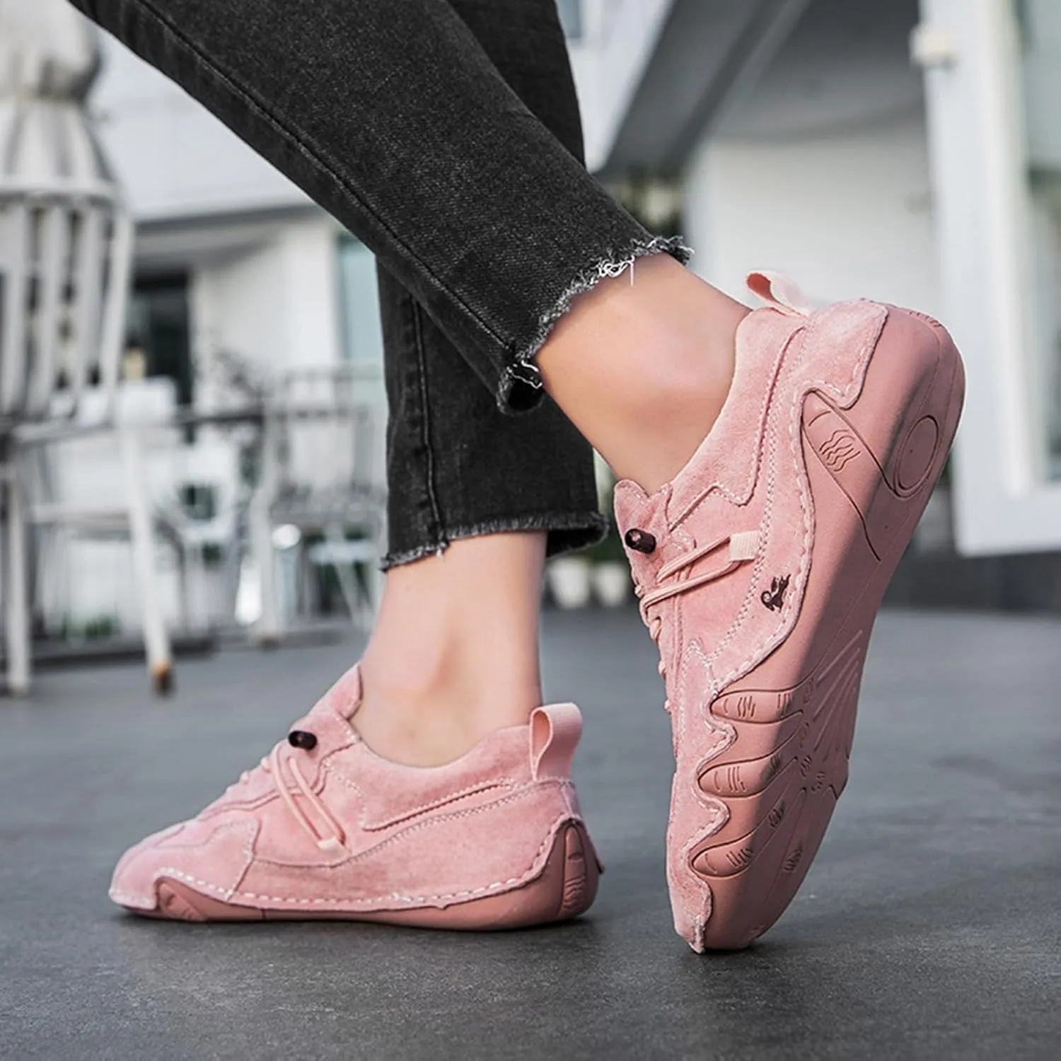 Women's Waterproof Suede Casual Walking Shoes for Hiking Camping & Driving All Season Fashion Retro Elastic Lace Up Hand Stitched Outdoor Sports Sneakers