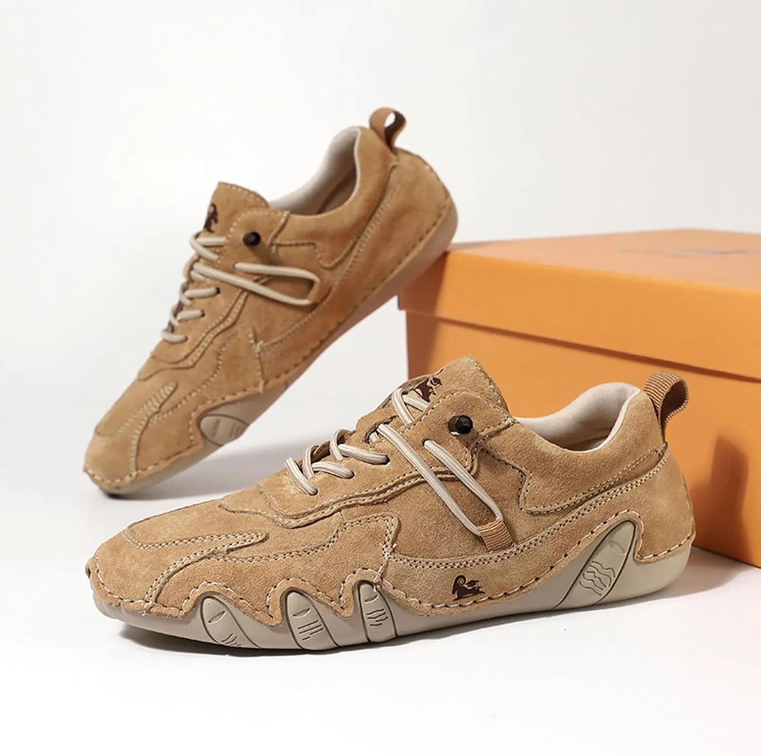 Women's Waterproof Suede Casual Walking Shoes for Hiking Camping & Driving All Season Fashion Retro Elastic Lace Up Hand Stitched Outdoor Sports Sneakers