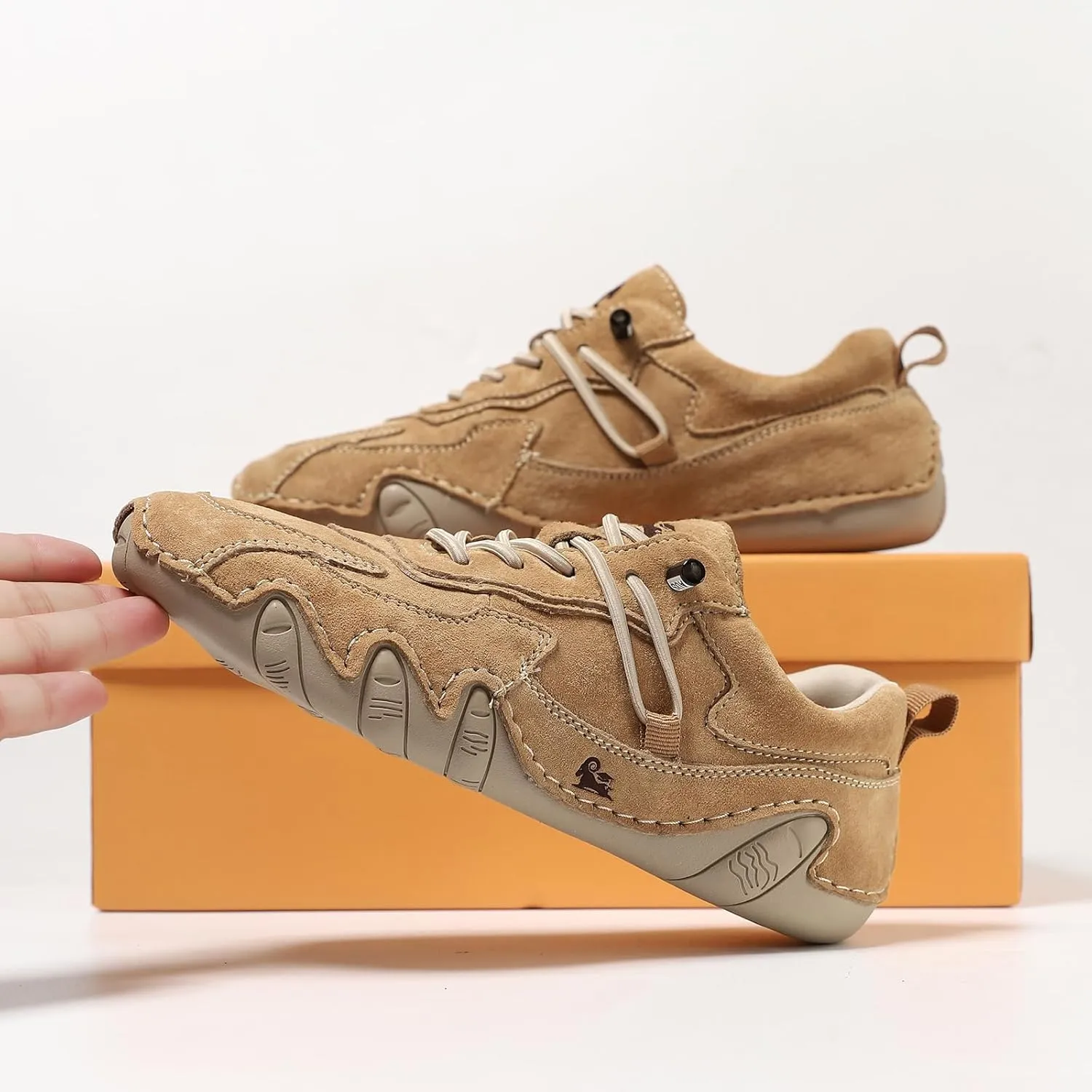 Women's Waterproof Suede Casual Walking Shoes for Hiking Camping & Driving All Season Fashion Retro Elastic Lace Up Hand Stitched Outdoor Sports Sneakers