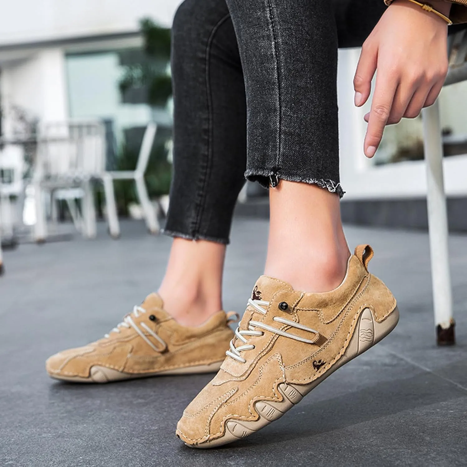 Women's Waterproof Suede Casual Walking Shoes for Hiking Camping & Driving All Season Fashion Retro Elastic Lace Up Hand Stitched Outdoor Sports Sneakers