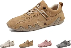 Women's Waterproof Suede Casual Walking Shoes for Hiking Camping & Driving All Season Fashion Retro Elastic Lace Up Hand Stitched Outdoor Sports Sneakers