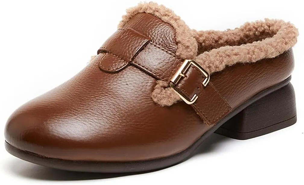 Women's Winter Fur Mules Clogs Slip On Block Low Heel Round Toe Leather Dress Shoes