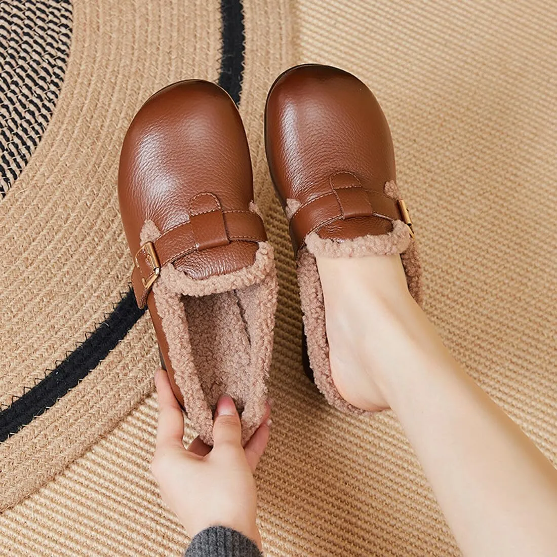 Women's Winter Fur Mules Clogs Slip On Block Low Heel Round Toe Leather Dress Shoes