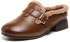 Women's Winter Fur Mules Clogs Slip On Block Low Heel Round Toe Leather Dress Shoes