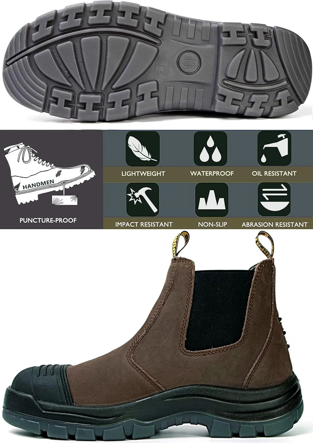 Work Boots for Men, Steel/Soft Toe Waterproof Working Boots, Slip Resistant Slip-on Safety Static Dissipative Working Shoes (Dark Brown)