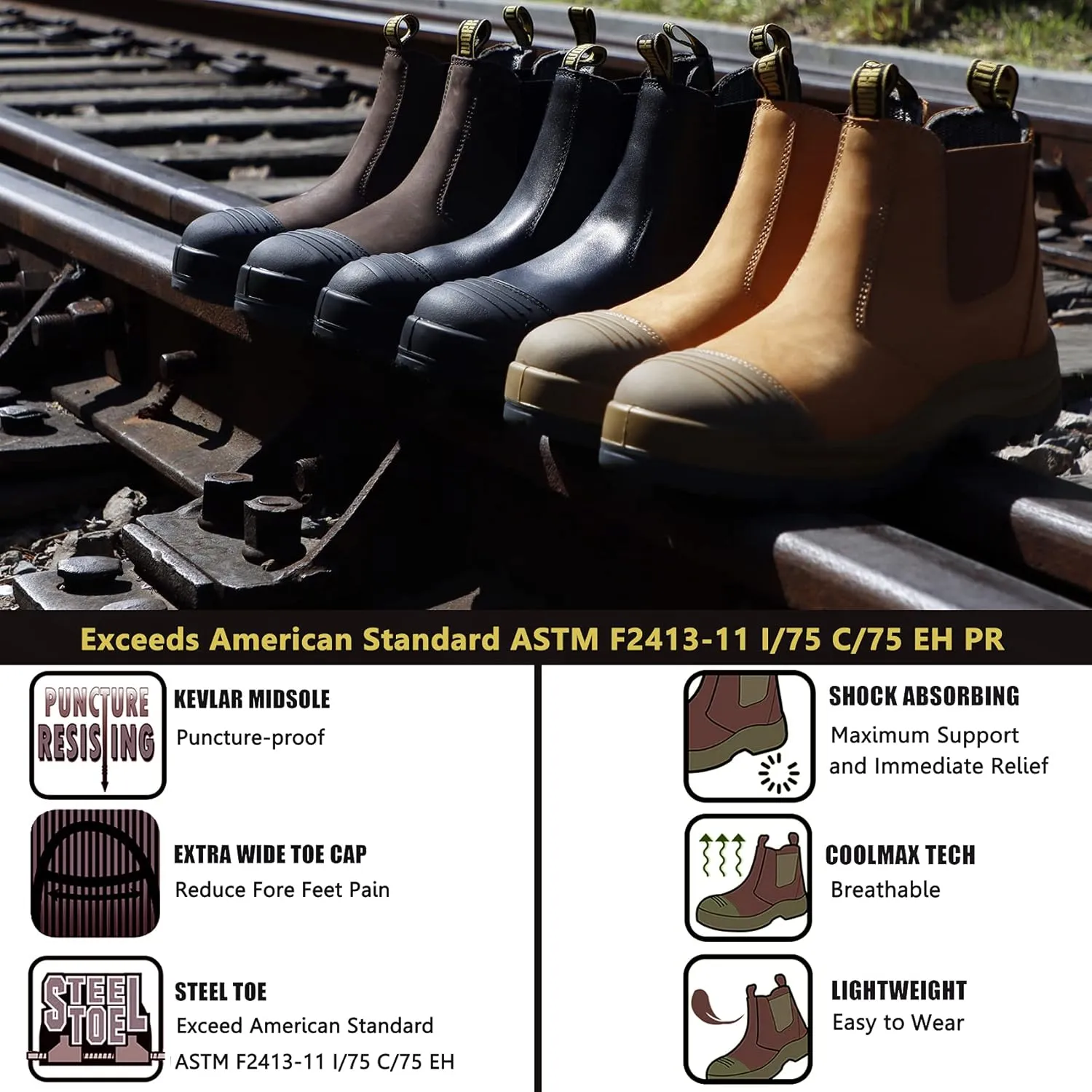 Work Boots for Men, Steel/Soft Toe Waterproof Working Boots, Slip Resistant Slip-on Safety Static Dissipative Working Shoes (Dark Brown)